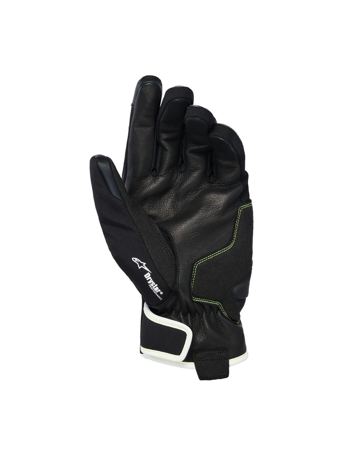 Guantes impermeables Alpinestars Moblast, vista de la palma que muestra cuero de cabra negro con costuras en Amarillo Azufre, detalle del logotipo Drystar®, guantes de moto de puño corto diseñados para el desplazamiento urbano en cualquier clima