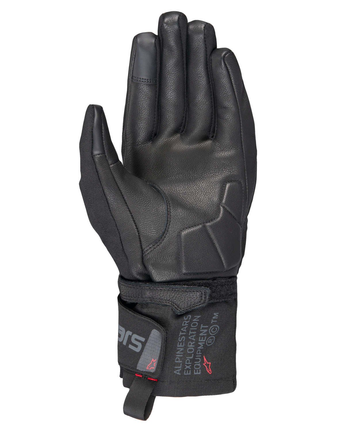 Guantes Alpinestars WT-3 Drystar® Insulated, guantes de moto negros, vista de la palma que muestra el refuerzo de cuero y la palma acolchada, puño de longitud media con la marca Alpinestars Exploration Equipment, puntas de los dedos compatibles con pantallas táctiles, protección duradera para turismo en cualquier clima.