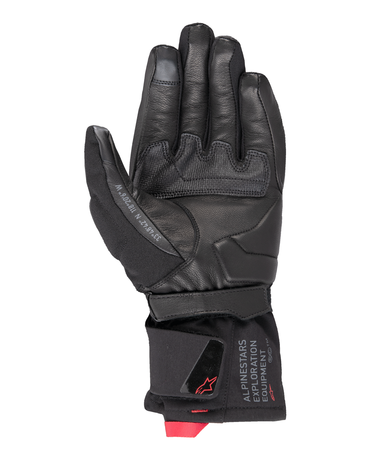Guante Alpinestars WT-4 GORE-TEX Insulated, guante de moto, negro, vista de la palma con confección en cuero y parche de agarre de goma, puño de longitud media con marca Alpinestars Exploration Equipment y detalles de logotipo en rojo