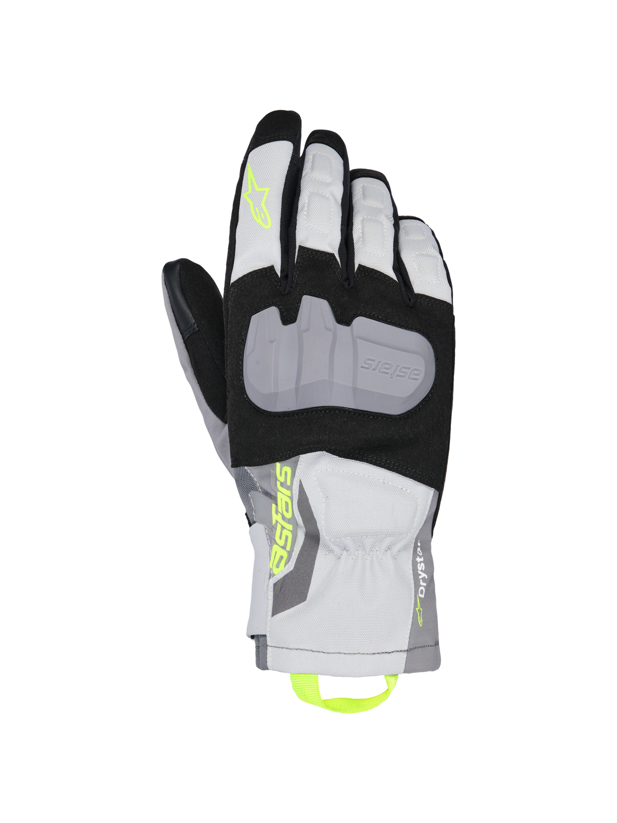 Alpinestars XT-3 Drystar Insulated Gloves, Motorcycle Touring Gloves, Black Gray and White, featuring a large gray protective knuckle plate, neon yellow Astars branding and pull loop, waterproof textile construction with mid-length cuff.