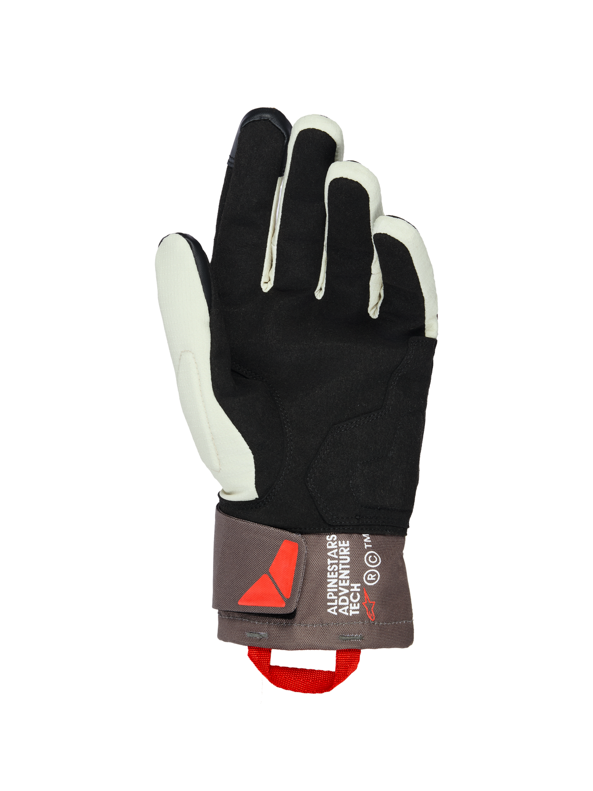 Guantes Alpinestars XT-3 Drystar® Insulated, vista de la palma, marrón arena oscuro y negro, con palma de gamuza suave para mayor agarre, puño de longitud media con marca Alpinestars Adventure Tech, tirador rojo y cierre de velcro, equipamiento de aventura para motociclismo