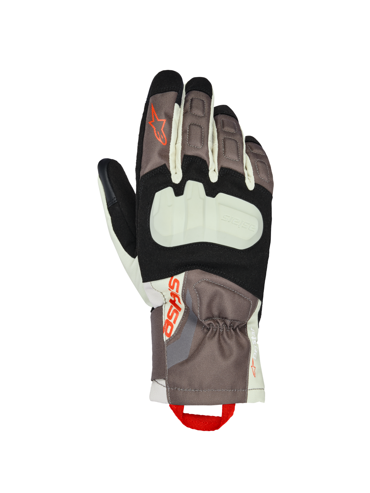Alpinestars XT-3 Drystar® Insulated Gloves, guantes de moto para touring, marrón oscuro, arena y negro con detalles en naranja, con protector de nudillos expuesto, puño de longitud media, construcción textil duradera y logotipo de Alpinestars con tirador de dedo rojo.