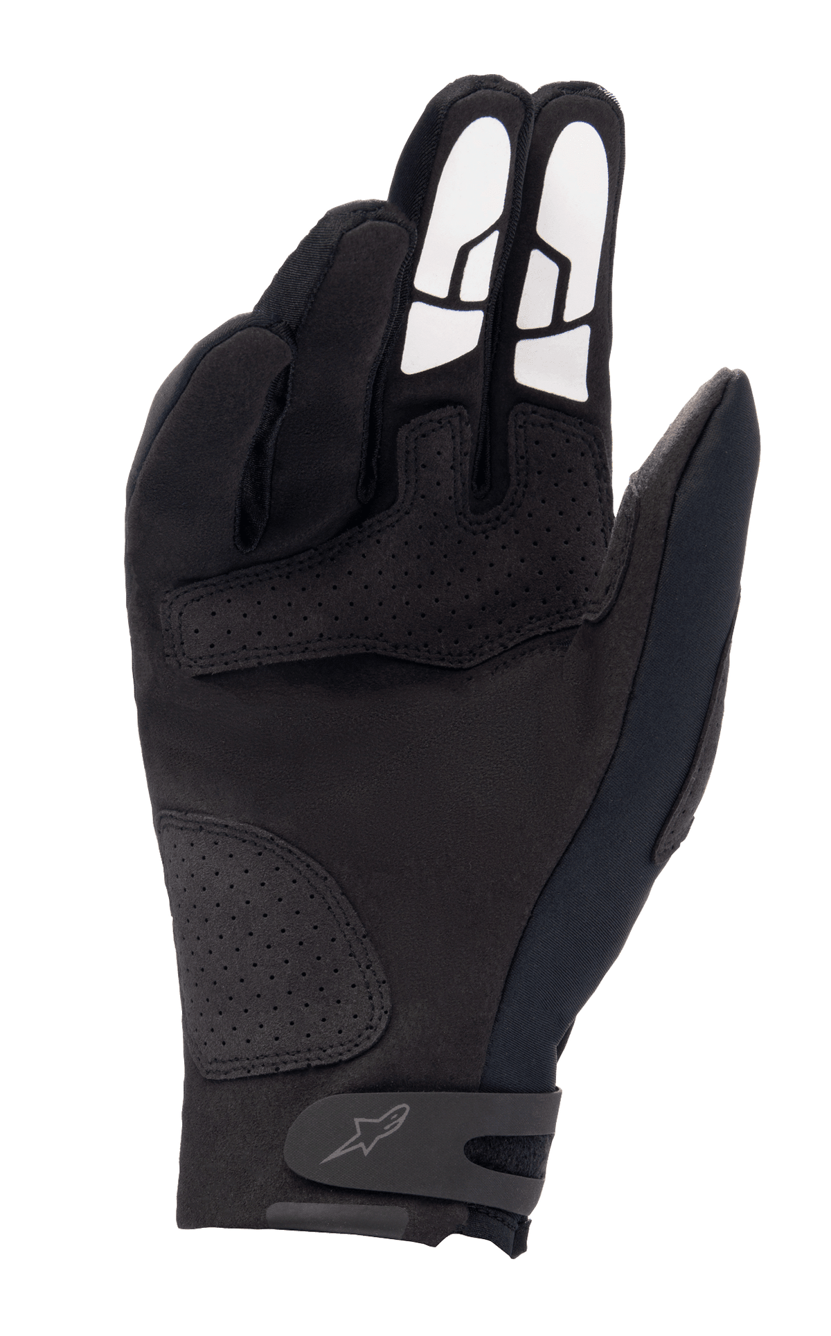 Guantes Alpinestars Thermo Shielder, guantes de motocross negros, vista de la palma que muestra la construcción de ante sintético, refuerzos perforados, patrones de agarre de silicona blanca en los dedos y correa de ajuste en la muñeca con logo.