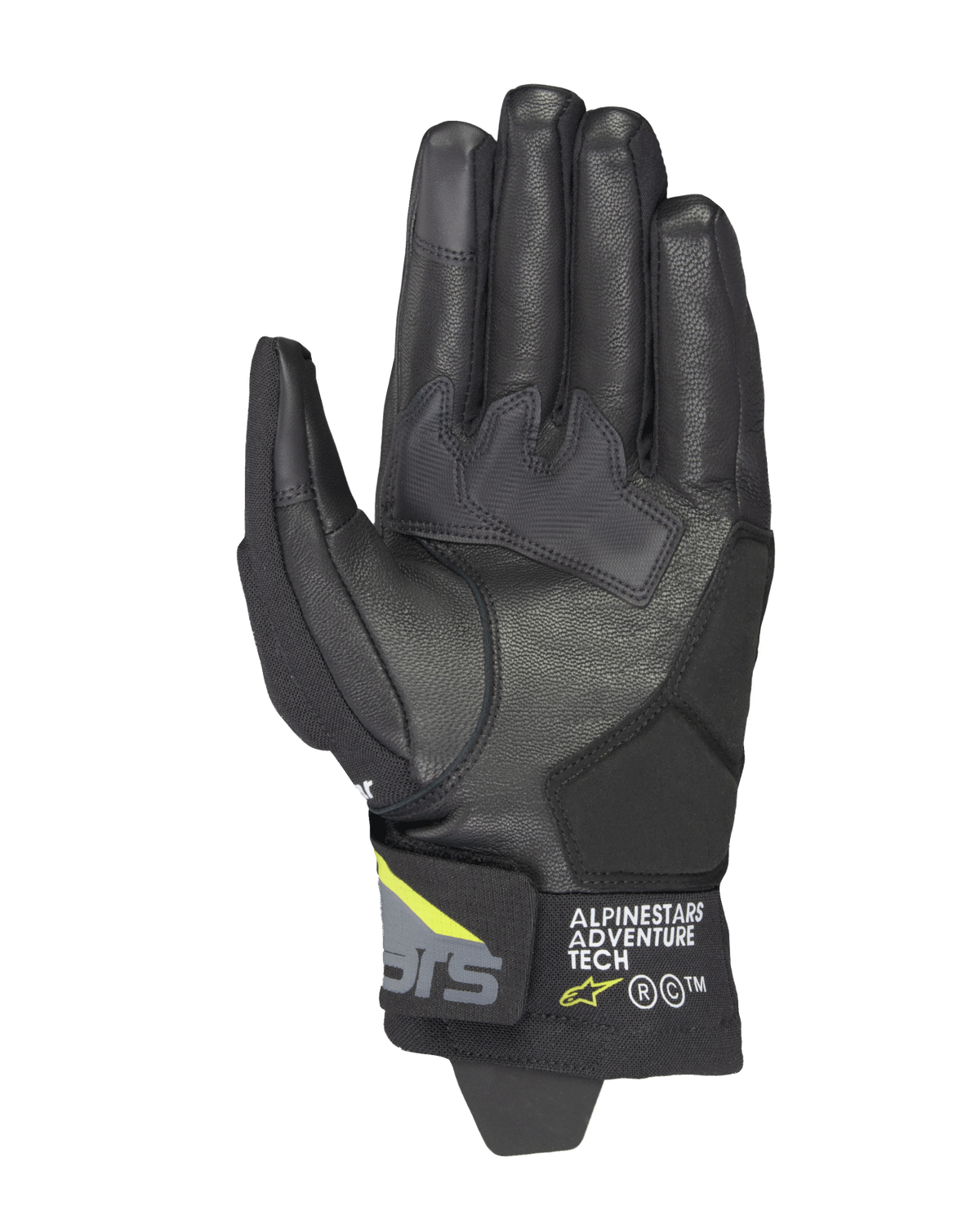 Guantes Alpinestars Corozal V3 Drystar®, color Negro, Gris Profundo y Amarillo Flúor, vista de la palma con confección en cuero y refuerzos sintéticos, puntas de los dedos compatibles con pantallas táctiles y logotipo Alpinestars Adventure Tech en el puño corto.