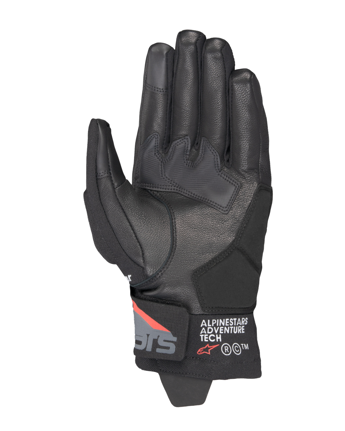 Guantes Alpinestars Corozal V3 Drystar®, Negro Gris Oscuro Rojo Flúor, vista de la palma con confección en cuero, refuerzos sintéticos en la palma y puño corto con la marca Alpinestars Adventure Tech