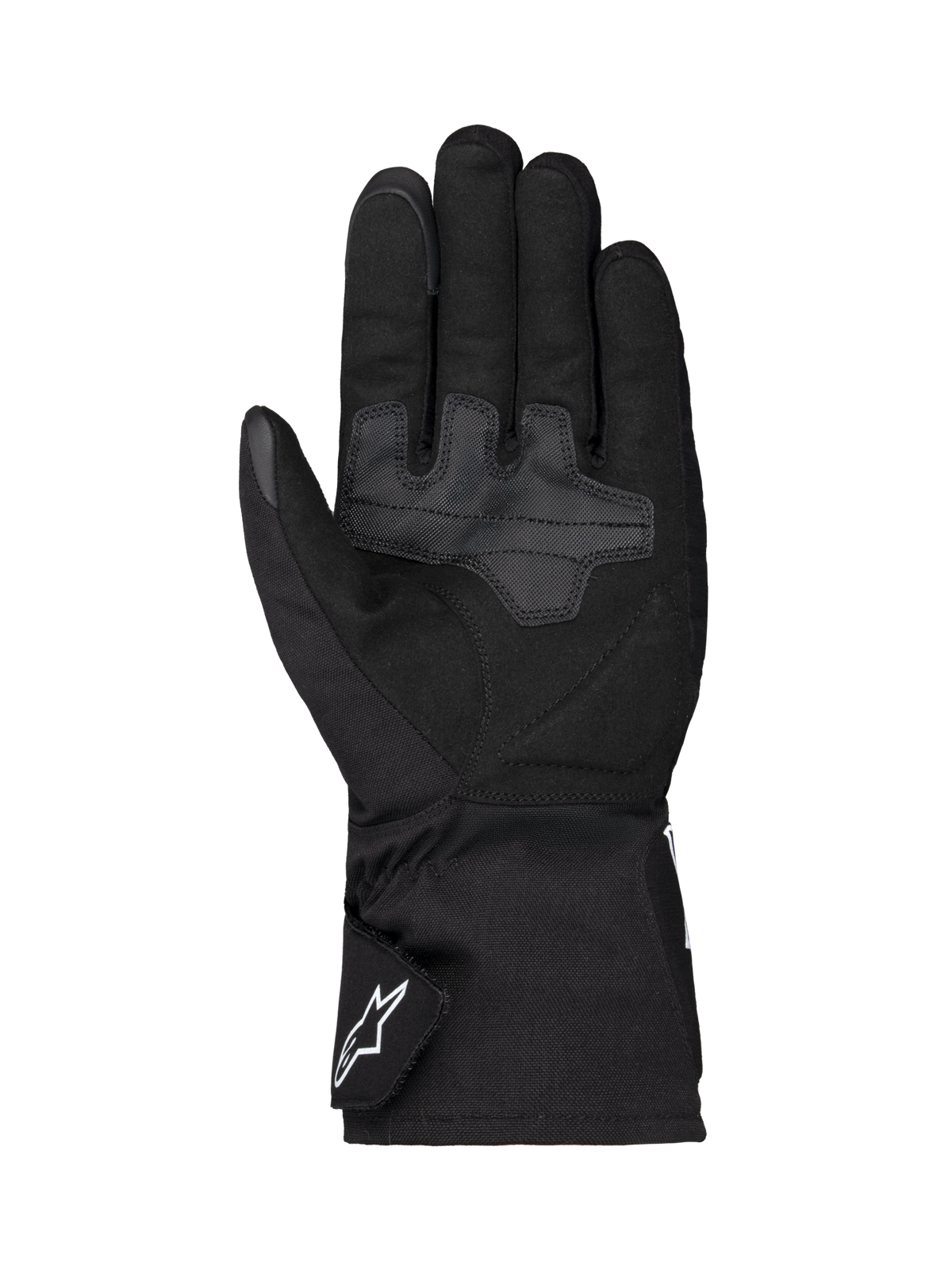 Guantes Alpinestars Wt-1 Drystar® térmicos, guantes de moto, negros, vista de la palma con zonas de agarre textil reforzadas, puño largo con logotipo blanco de Alpinestars en la correa, construcción resistente a la intemperie para conducción en carretera