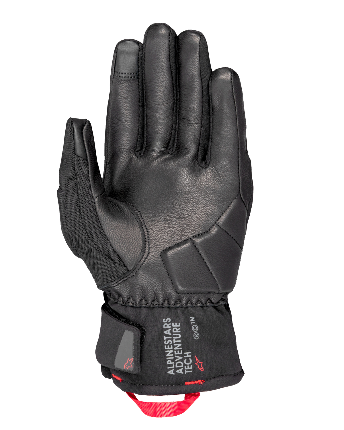 Guantes Alpinestars Crestone GORE-TEX Térmicos, guantes de moto, negro, vista de la palma con confección en cuero y acolchado de impacto reforzado, puño corto con el logotipo Alpinestars Adventure Tech y una cinta de tracción en rojo brillante