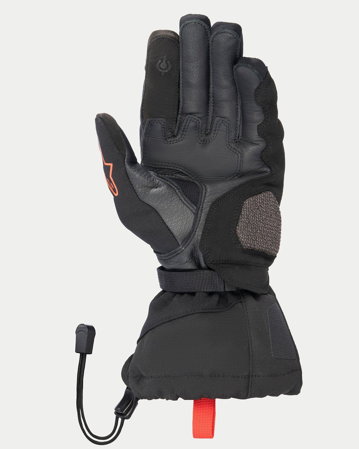 Guantes Alpinestars XT-5 GORE-TEX, color negro, vista de la palma que muestra la construcción en cuero, refuerzo AR Shield en la zona de aterrizaje, puño largo con cierre de cordón elástico, puntas de los dedos compatibles con pantallas táctiles y detalles rojos distintivos.