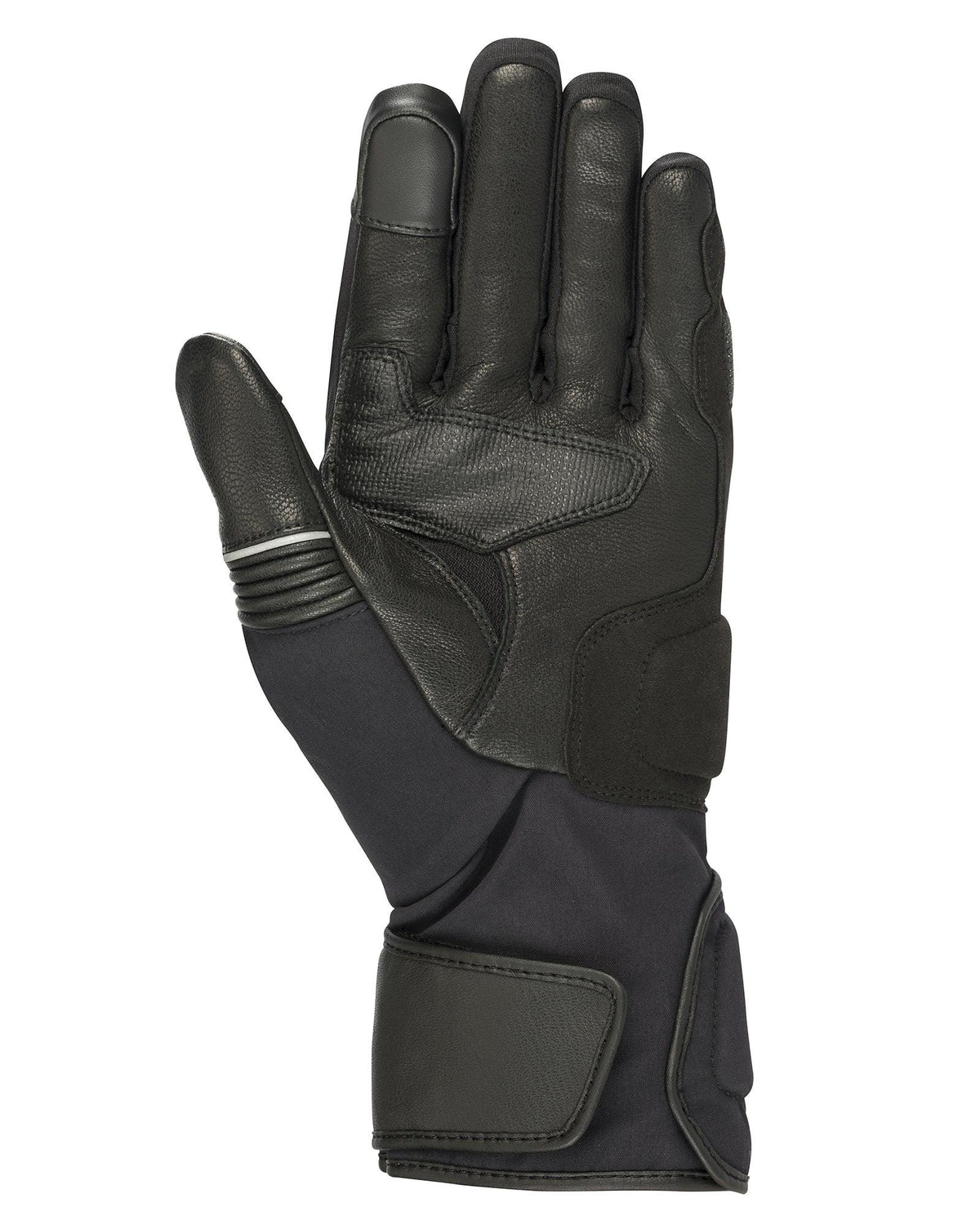 Guantes Alpinestars Jet Road V2 GORE-TEX, negros, vista de la palma que muestra la construcción de cuero con acolchado reforzado, puño largo y puntas de los dedos compatibles con pantallas táctiles para touring de aventura.