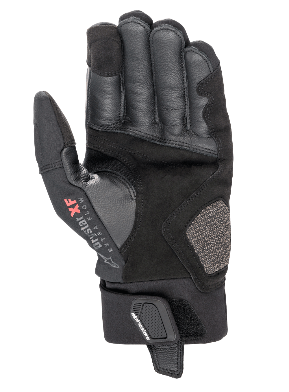Guantes Alpinestars Hyde XT Drystar® XF, guantes de moto, color negro, vista de la palma con textura de cuero y gamuza sintética reforzada, logo Drystar XF Extra Flow en el pulgar, puño de longitud media con cierre de muñeca seguro, diseño de turismo de aventura