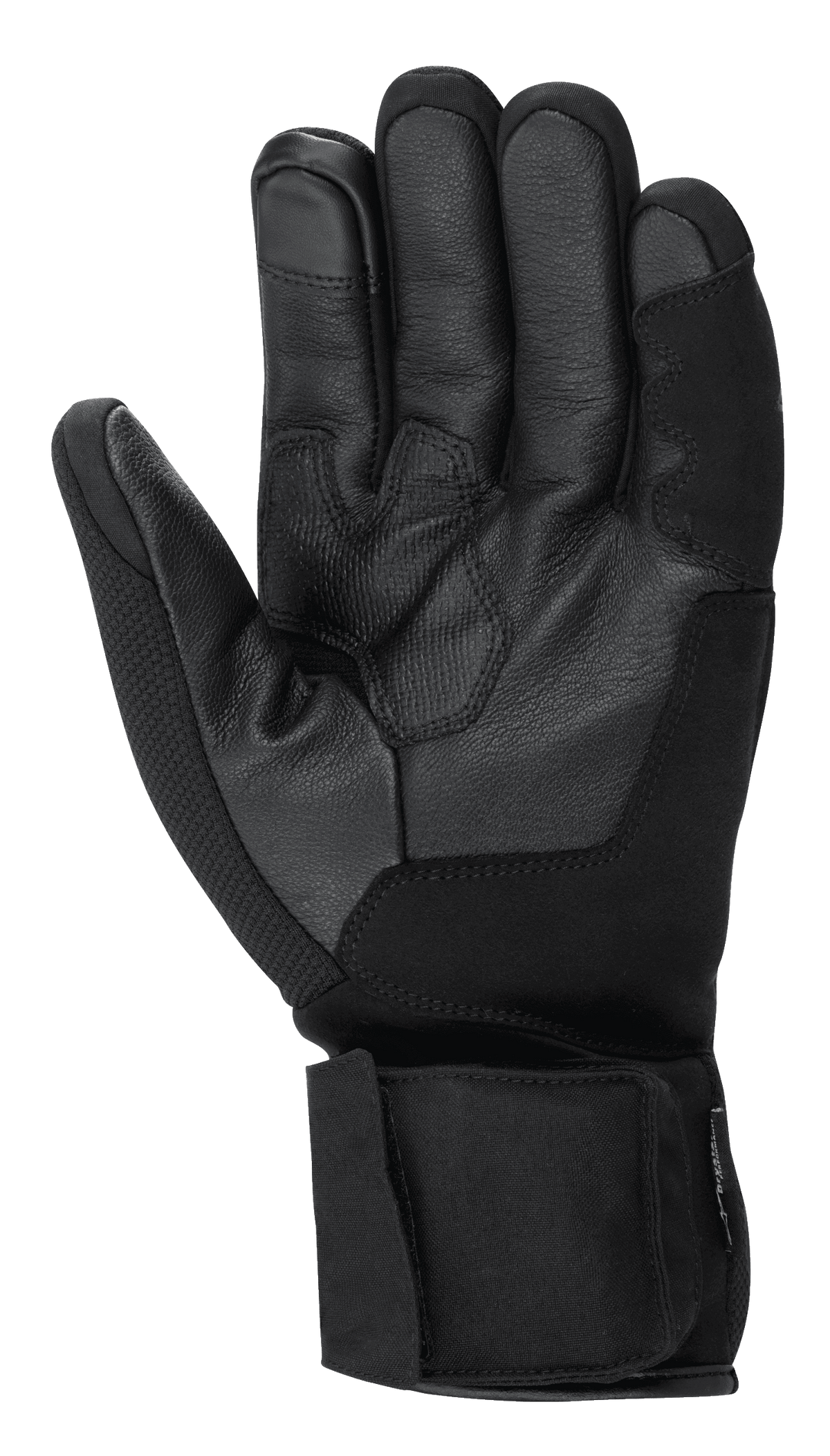 Guantes Alpinestars HT-3 Heat Tech Drystar®, guantes de moto negros, vista de la palma que muestra la construcción en piel de cabra, agarre texturizado en la palma y el pulgar, correa ajustable en el puño, dedo índice compatible con pantallas táctiles, equipamiento de invierno para touring