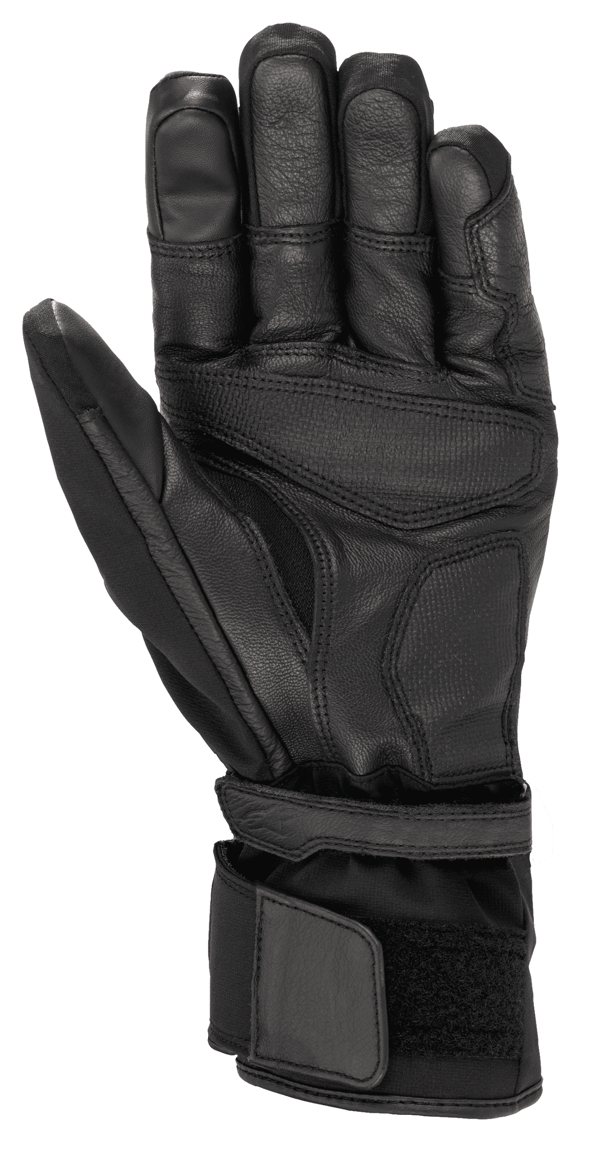 Guante Alpinestars Range 2 En Uno GORE-TEX con tecnología Goregrip, guante de moto, negro, vista de la palma que muestra la construcción en cuero de cabra, zonas de agarre reforzadas y puño largo con ajuste de velcro para un ajuste seguro.