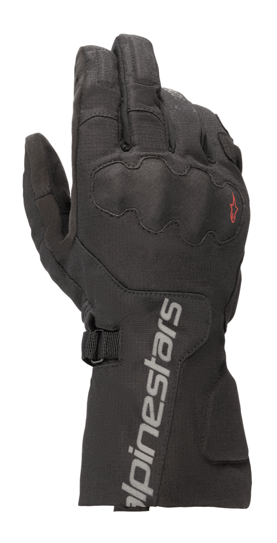 Alpinestars WR-X GORE-TEX Gloves, Motorcycle Touring Gloves, Black, featuring a long cuff with grey Alpinestars branding, covered SP Lite knuckle protection, and a durable ripstop textile construction.