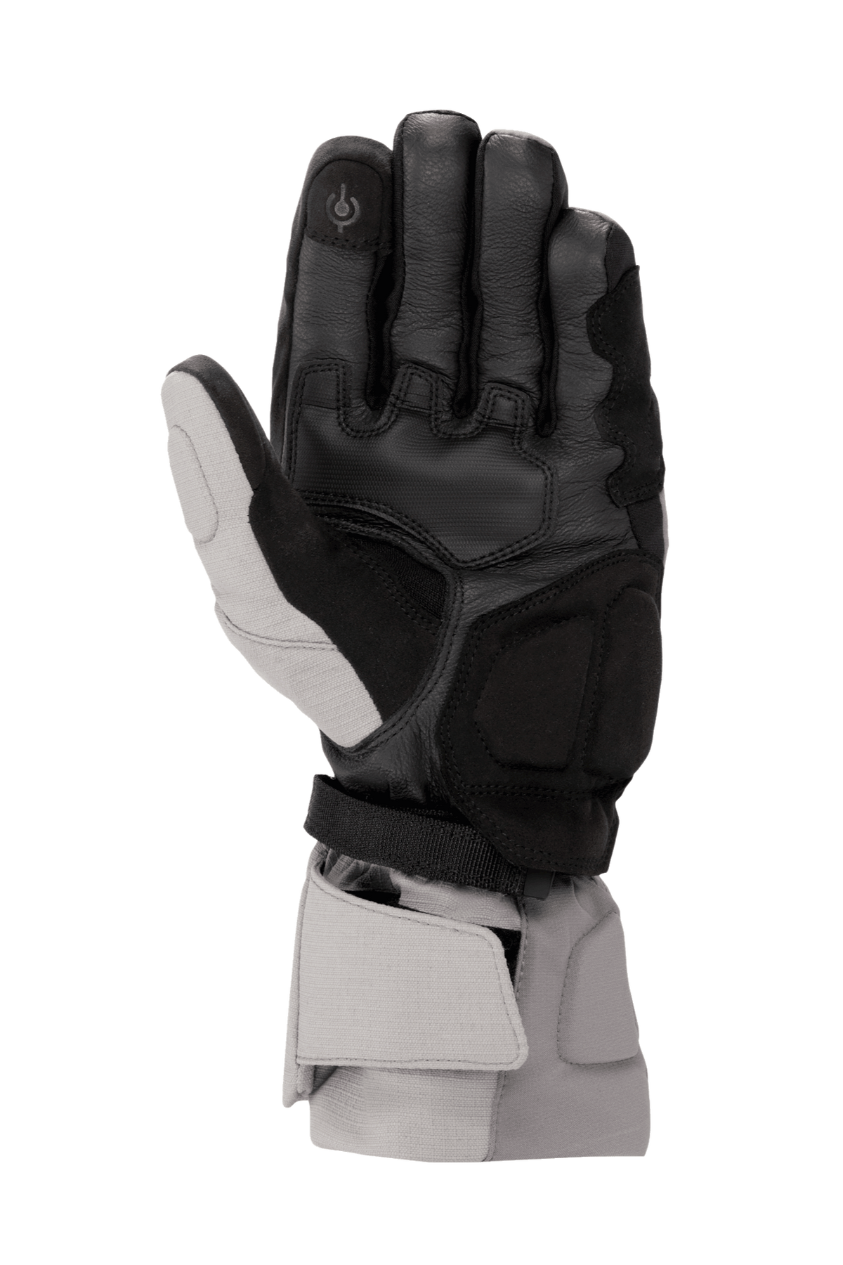 Guantes Alpinestars WR-X GORE-TEX, guantes de invierno para moto, gris oscuro, gris hielo y negro, vista de la palma que muestra la construcción de cuero, refuerzos de gamuza sintética, dedo índice compatible con pantallas táctiles y puño largo para protección contra las inclemencias del tiempo