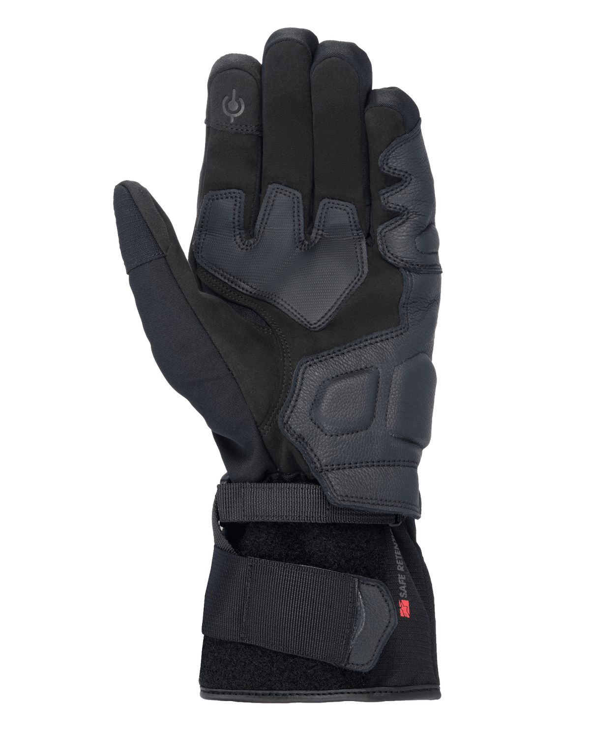 Guantes Alpinestars Tourer W-7 V2 Drystar®, guantes de moto negros, vista de la palma con refuerzos de cuero, áreas de agarre acolchadas, punta del dedo compatible con pantallas táctiles y cierre de correa ajustable en la muñeca