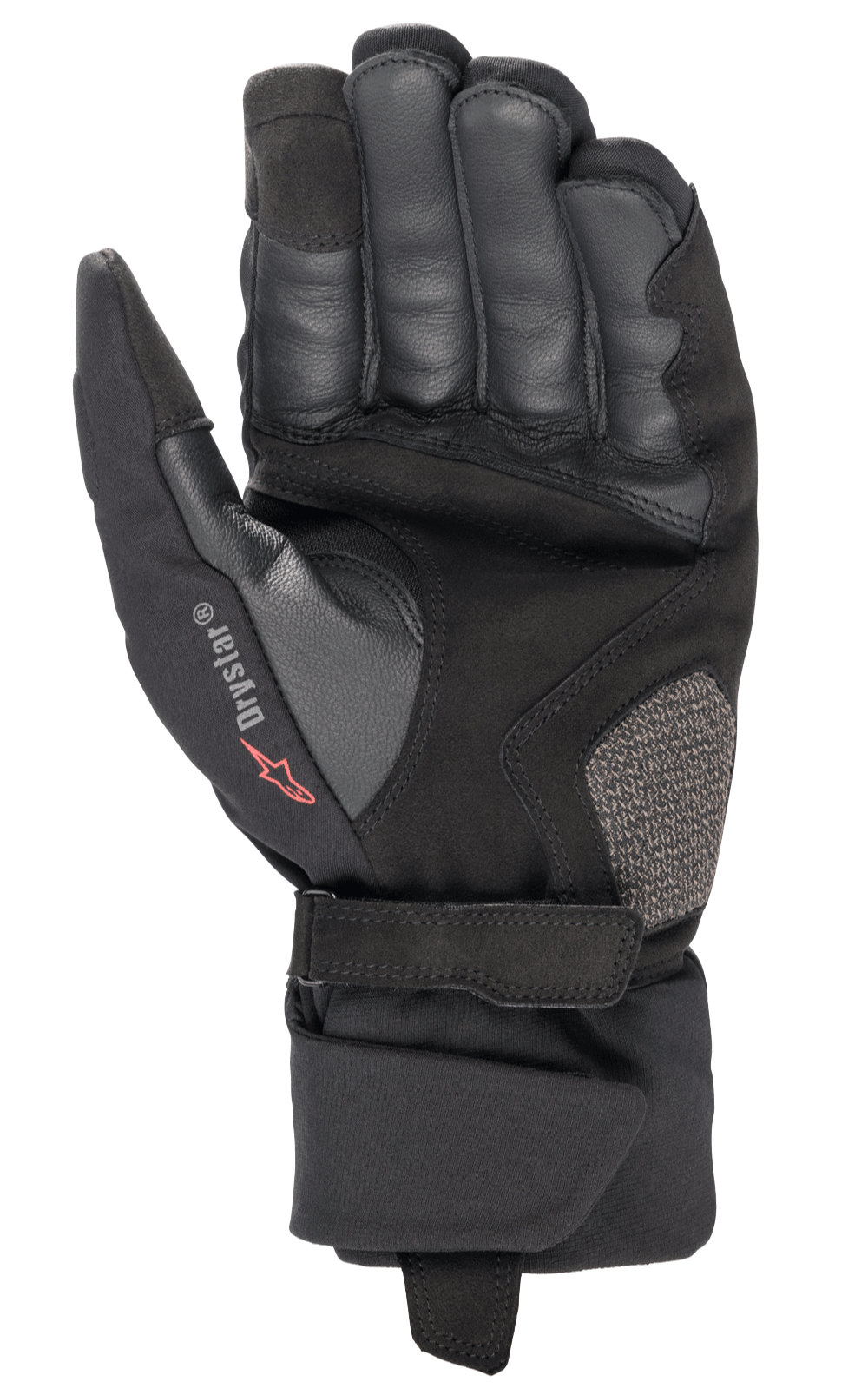 Guantes Alpinestars Bogota' Drystar® XF, guantes de moto, negros, vista de la palma con construcción de cuero reforzado, correa de muñeca ajustable y logotipo Drystar, equipamiento duradero para turismo de aventura