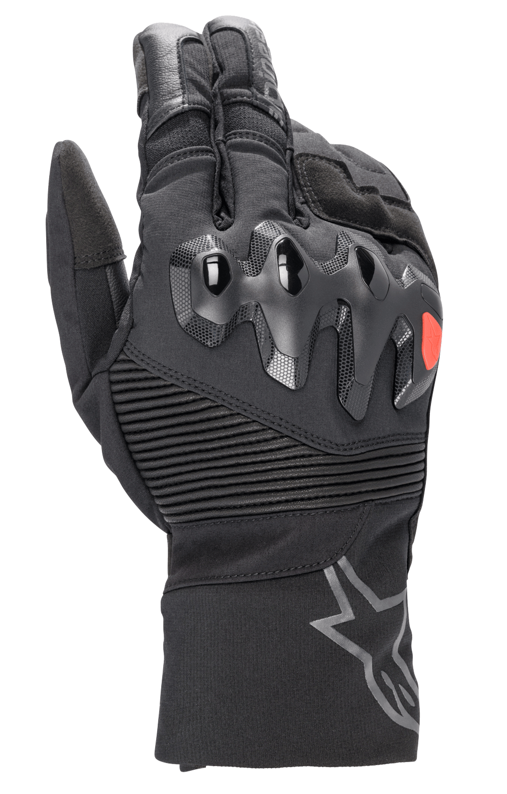 Alpinestars Bogota Drystar XF Gloves, guantes largos de moto touring, negros con un detalle de logo rojo, protección de nudillos sobreinyectada, paneles elásticos acanalados en la muñeca y puño largo con logo de estrella gris