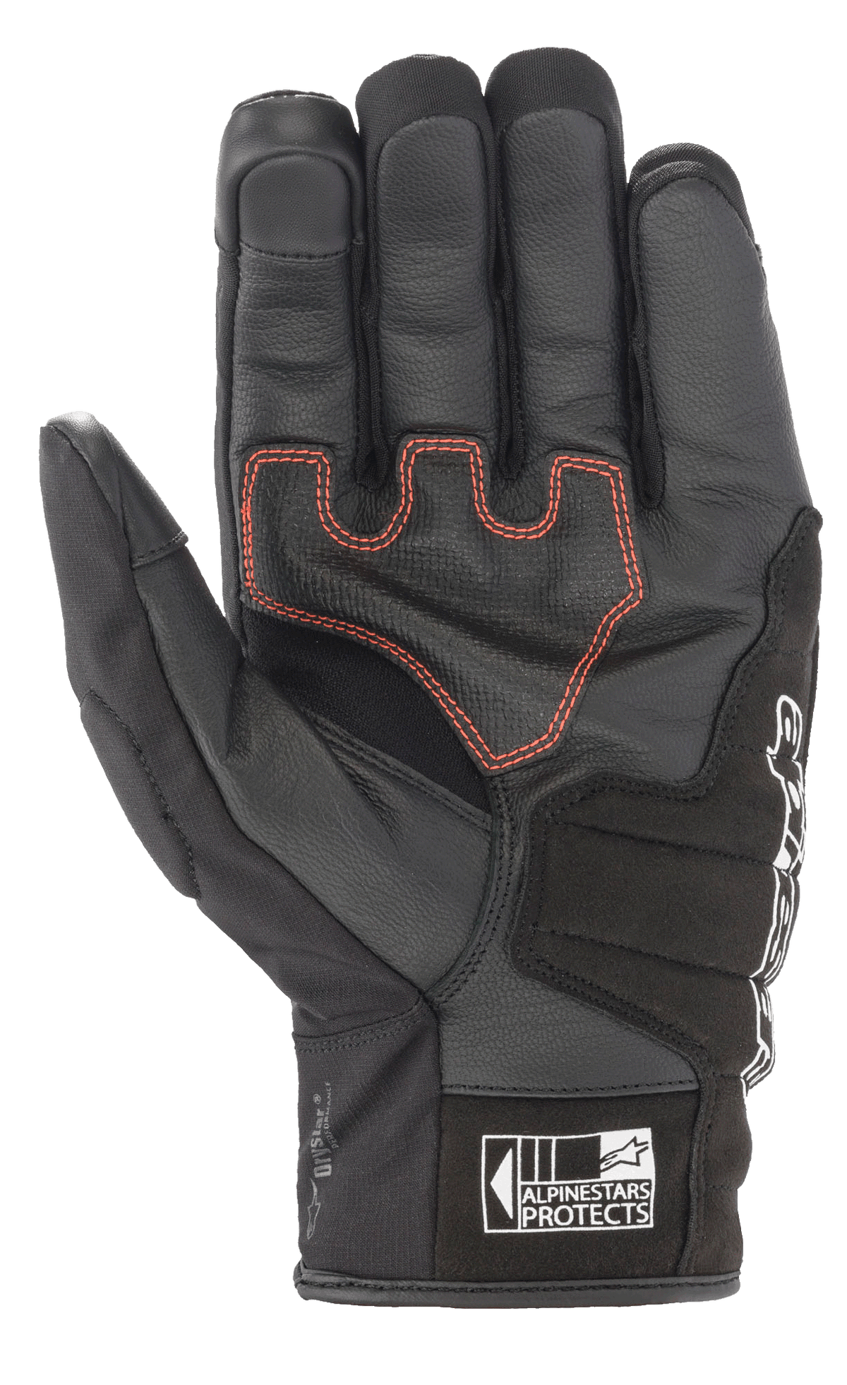 Guantes Alpinestars SMX Z Drystar®, guantes de moto de puño corto, negros con costuras de contraste rojas, vista de la palma que muestra la construcción de cuero y el acolchado reforzado, con el logotipo Alpinestars Protects en el puño