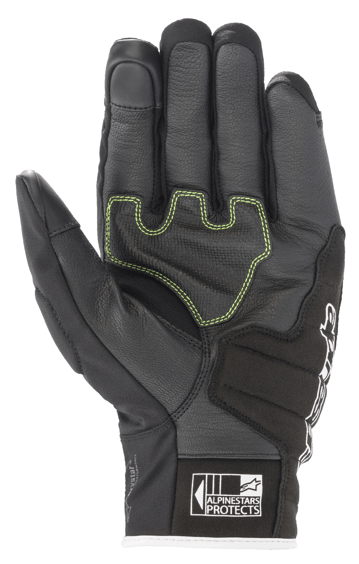 Guantes Alpinestars SMX Z Drystar®, guantes de moto, negro, blanco y rojo flúor, vista de la palma que muestra el cuero reforzado con costuras de contraste en verde lima y el logotipo Alpinestars Protects en el puño