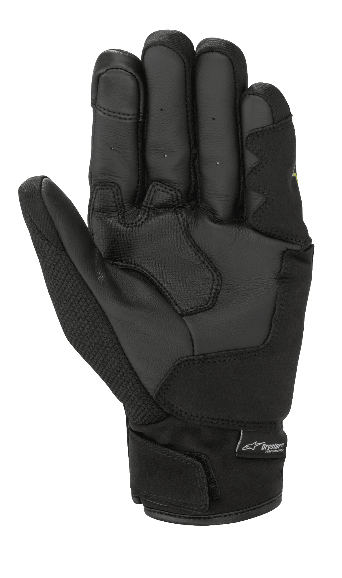 Guantes Alpinestars S-Max Drystar®, negros, vista de la palma con paneles de cuero reforzados, pulgar textil y cierre de muñeca con gancho y presilla y etiqueta del logo Drystar® Performance.