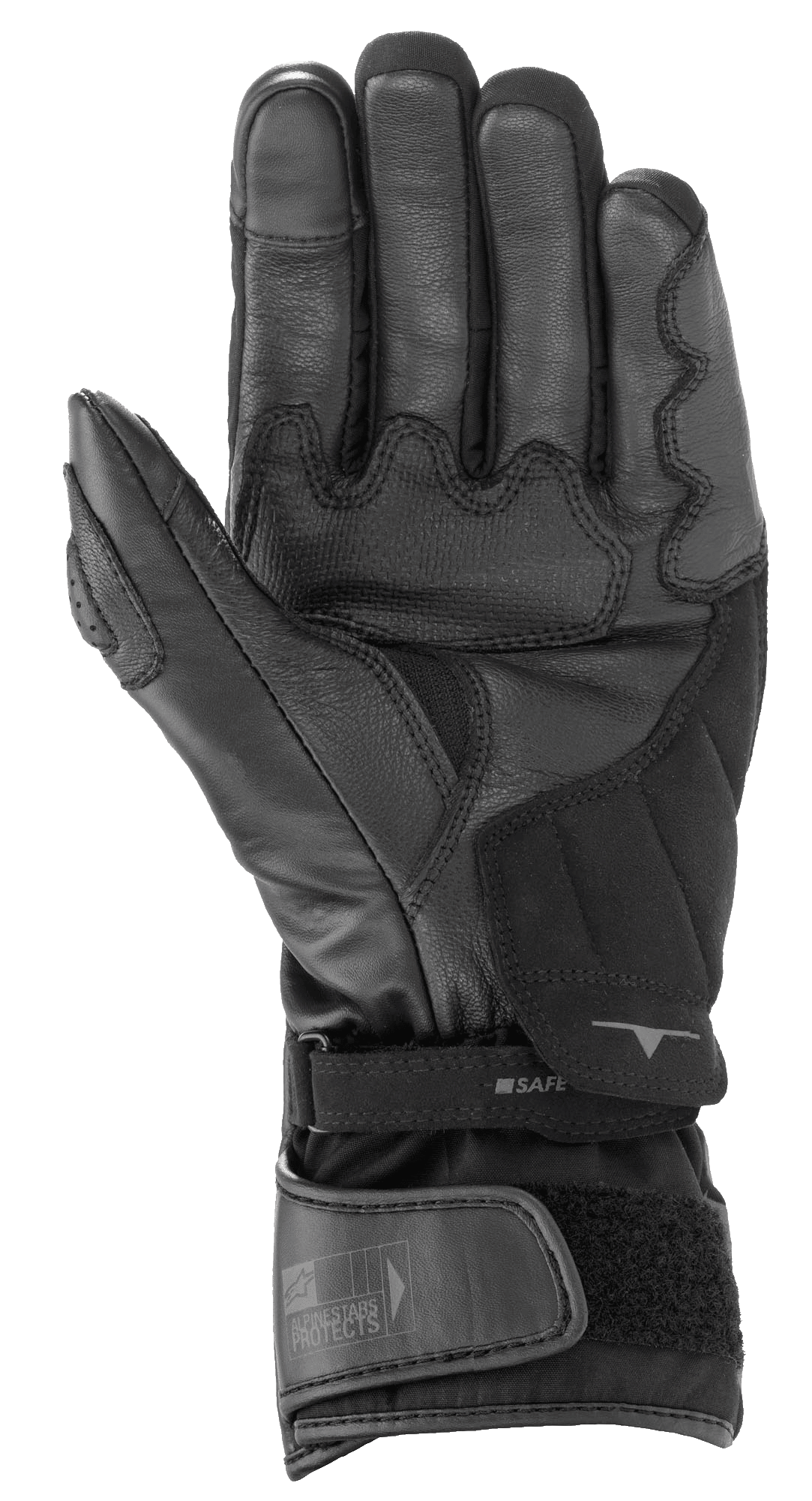 Guantes Alpinestars SP-365 Drystar®, negro y gris antracita, vista de la palma que muestra la construcción de cuero reforzado y ante sintético, guantes de alto rendimiento para motocicleta impermeables con cierre de muñeca ajustable