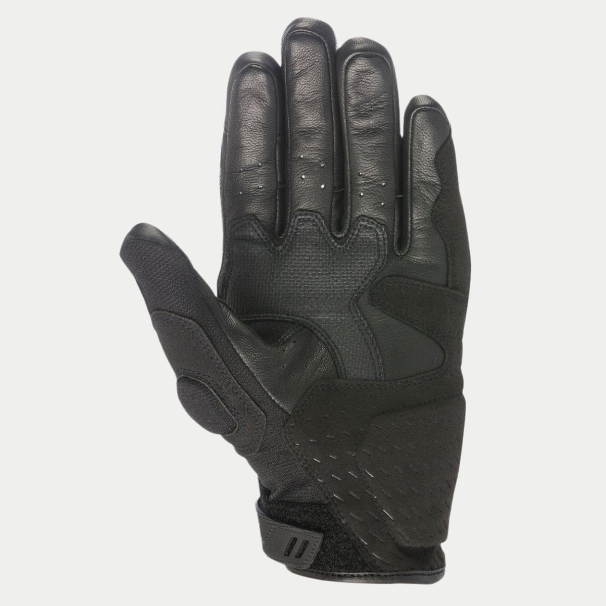 Guantes Alpinestars C-30 Drystar®, negro, vista de la palma que muestra refuerzos de gamuza sintética con acolchado de espuma, zonas de agarre recubiertas de PU en el pulgar y la palma, y correa de muñeca ajustable de gancho y bucle, guantes de moto impermeables