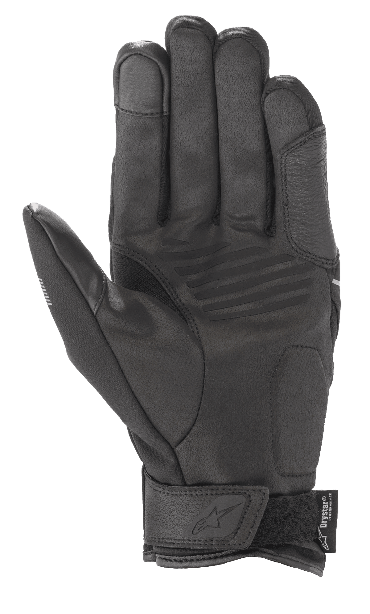 Alpinestars Syncro V2 Drystar® Gloves, guantes urbanos para moto, negro y gris medio, vista de la palma con construcción de gamuza sintética, refuerzos acolchados, punta del dedo compatible con pantallas táctiles y correa de velcro en la muñeca con la marca Alpinestars.