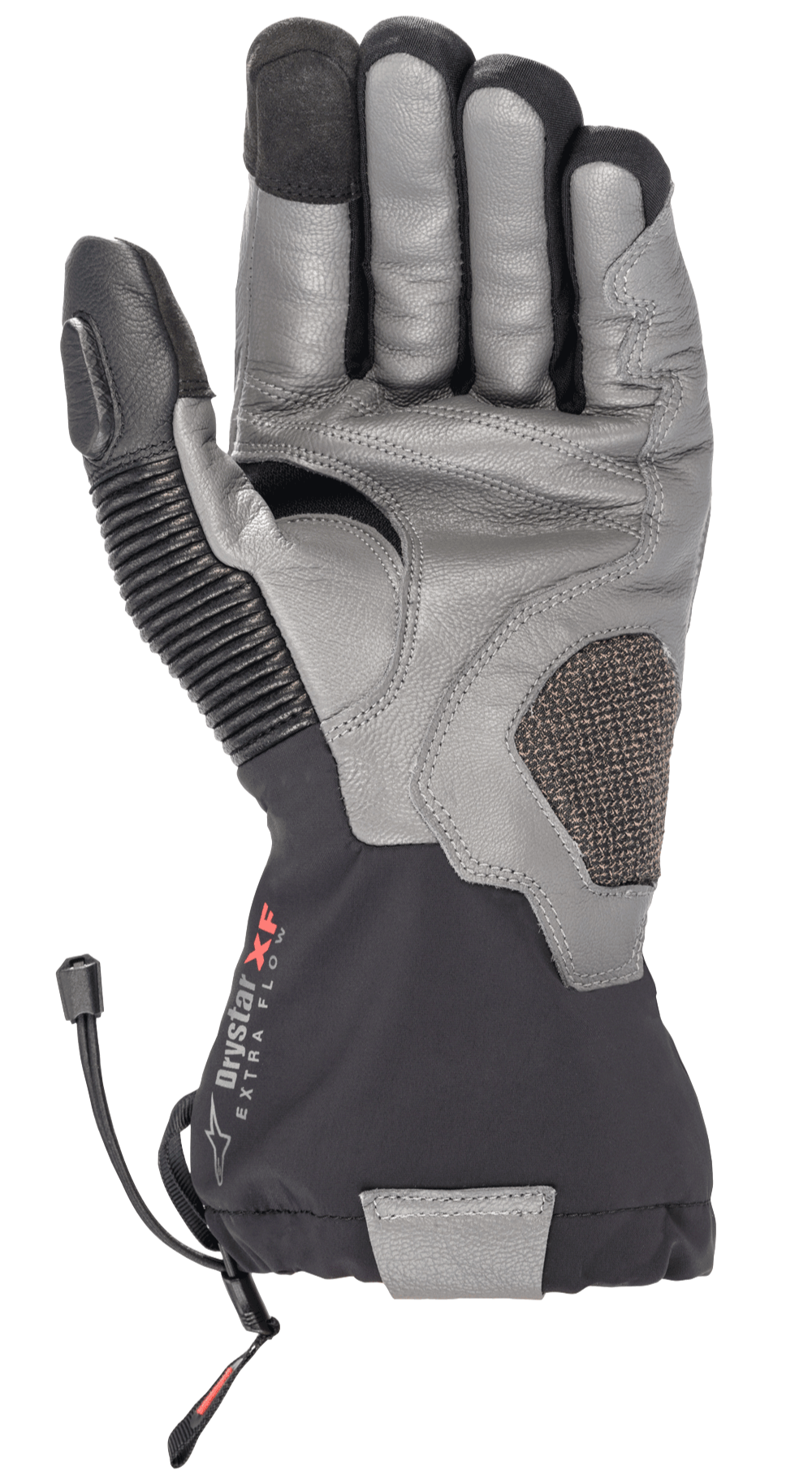 Guantes de invierno Alpinestars Amt-10 Drystar® XF, guantes de touring para motocicleta, negro y gris oscuro, vista de la palma con cuero de cabra texturizado, puño largo impermeable con logotipo Drystar XF, panel de cuero en acordeón en el pulgar y palma reforzada para conducción de aventura y carretera