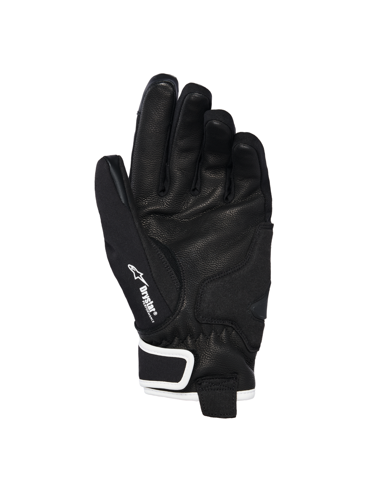 Alpinestars Stella Moblast Waterproof Gloves, palm view, Black with White accents, featuring goat leather palm, Alpinestars logo and Drystar branding on the thumb, short-cuff motorcycle gloves for women