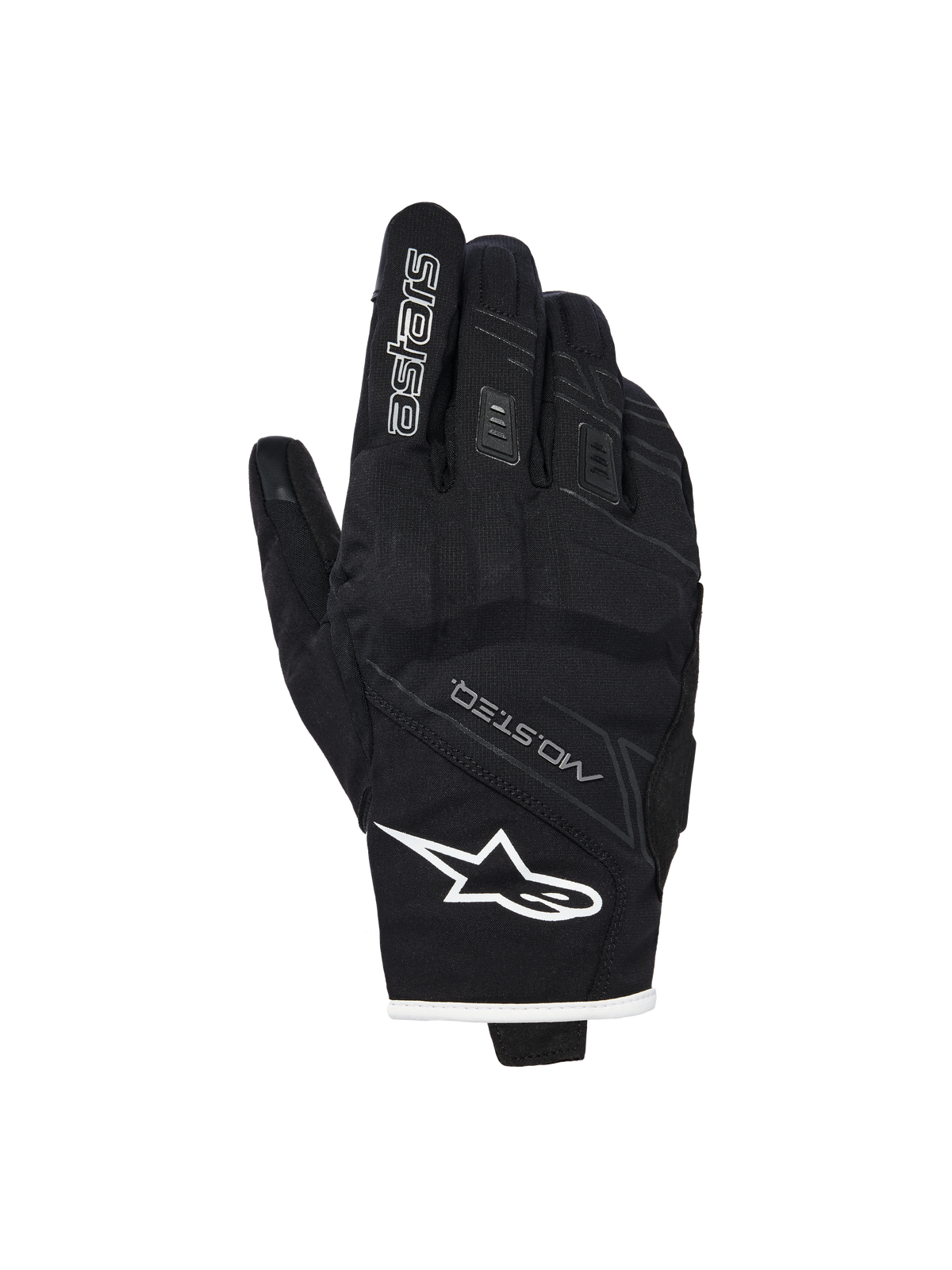 Alpinestars Stella Moblast Waterproof Gloves, Women's Motorcycle Gloves, Black with white trim, backhand view showing Alpinestars logo, MO.ST.EQ branding, and soft knuckle protection.