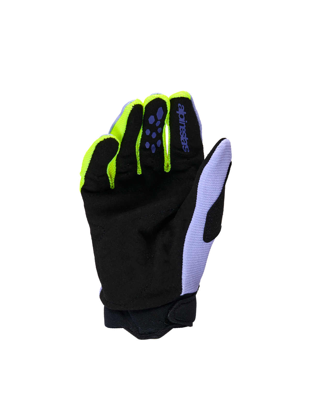 Alpinestars Youth & Kids Full Bore V2 Gloves, guantes de motocross, púrpura y amarillo flúor, vista de la palma con ante sintético reforzado negro, detalles en amarillo neón en los dedos y panel del pulgar en lavanda, construcción duradera para jóvenes pilotos de off-road