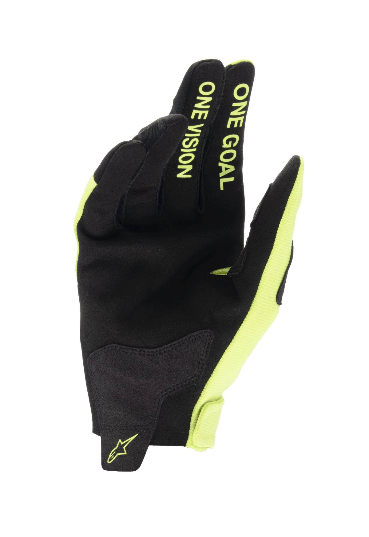 Guantes Alpinestars Radar Juveniles 2024, guantes de motocross, negro y amarillo fluorescente, vista de la palma con construcción de ante sintético, texto "ONE GOAL ONE VISION" en los dedos en amarillo fluorescente, diseño duradero para carreras todoterreno
