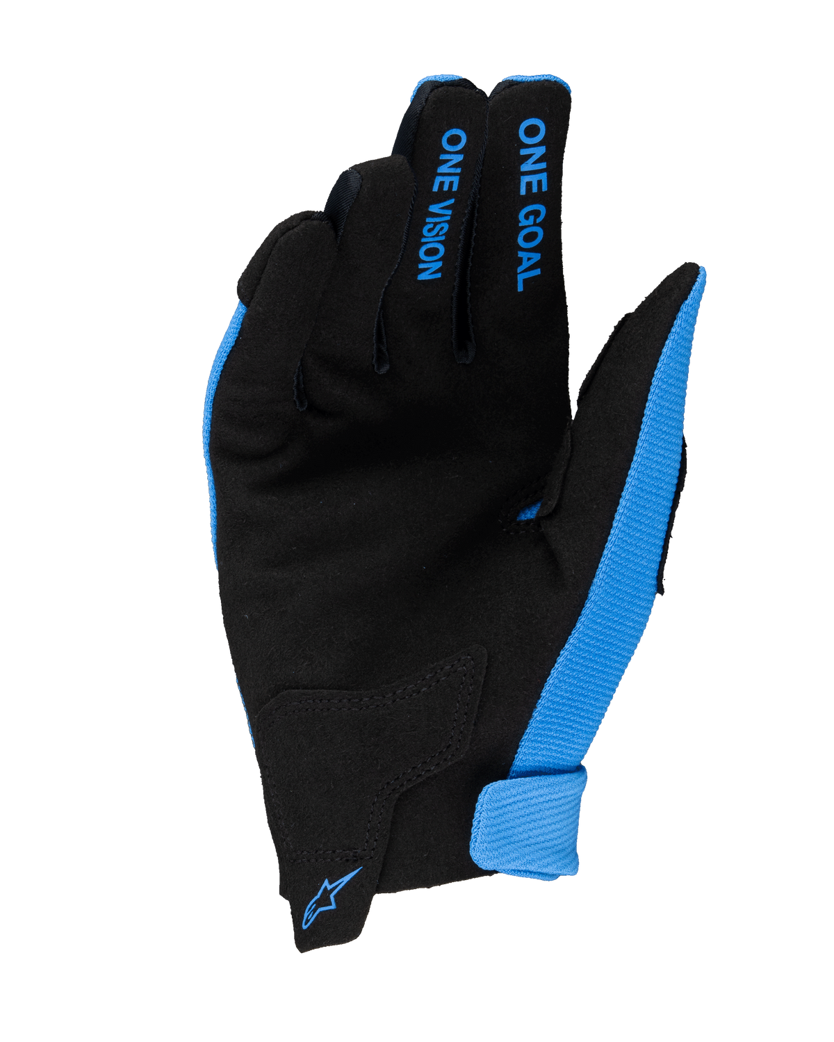 Alpinestars 2025 Youth Radar Gloves, guantes de motocross, azul y negro, vista de la palma con construcción de gamuza sintética, texto "ONE GOAL" y "ONE VISION" en azul en los dedos, pequeño logo azul de Alpinestars en el cierre de la muñeca