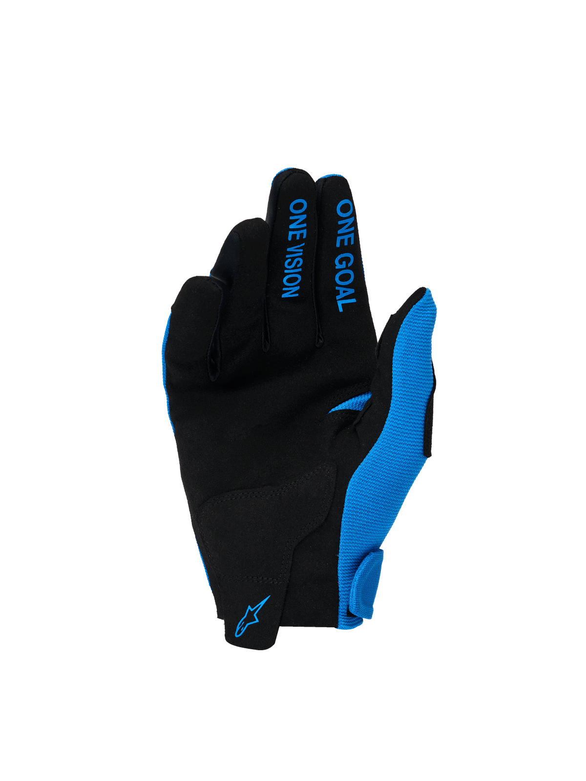 Guantes Radar Juveniles 2026 de Alpinestars, guantes de motocross en azul Ucla y blanco, palma de gamuza sintética en negro, texto 'ONE GOAL' y 'ONE VISION' en azul en los dedos, logotipo azul de Alpinestars en la muñeca, diseñados para rendimiento off-road