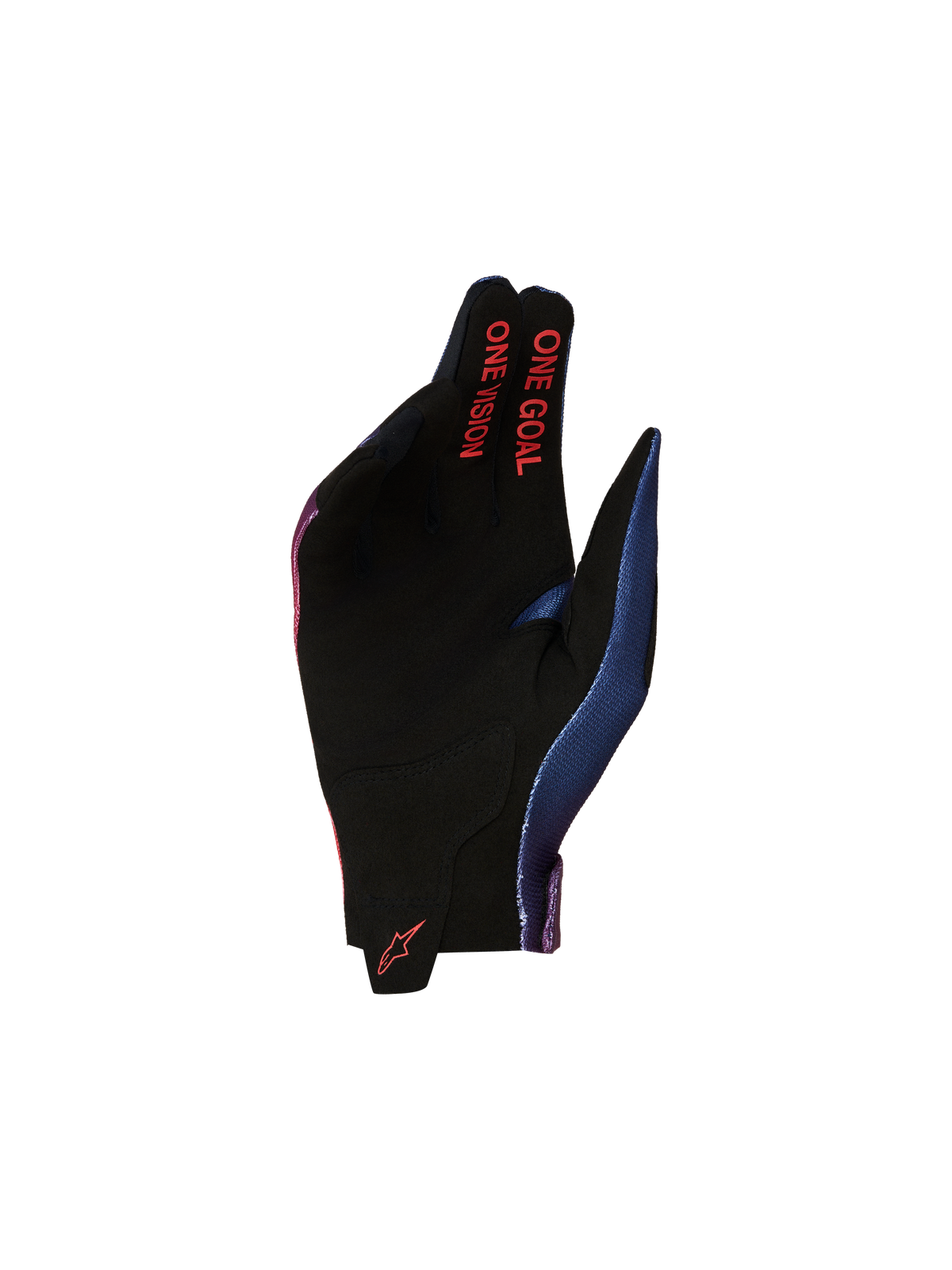 Alpinestars Guantes Radar Juvenil, guantes de motocross, palma de gamuza negra con texto One Goal One Vision rojo y azul.