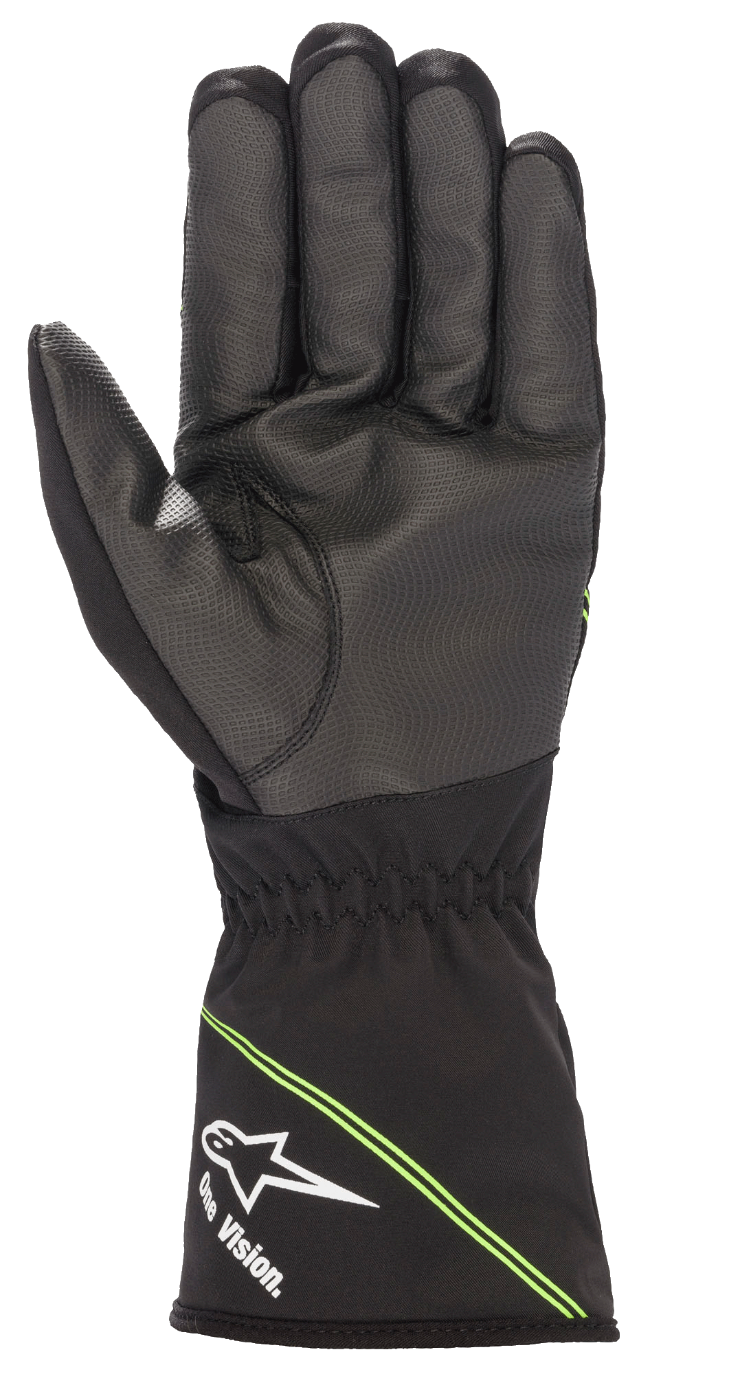 Guantes impermeables Alpinestars Youth Tempest V2, guantes de karting, negros con detalles en verde fluorescente, vista de la palma que muestra el compuesto de goma texturizada para un mejor agarre, puño largo con el logotipo blanco de Alpinestars y la marca 'One Vision.', rayas verdes diagonales, diseñados para carreras en climas húmedos