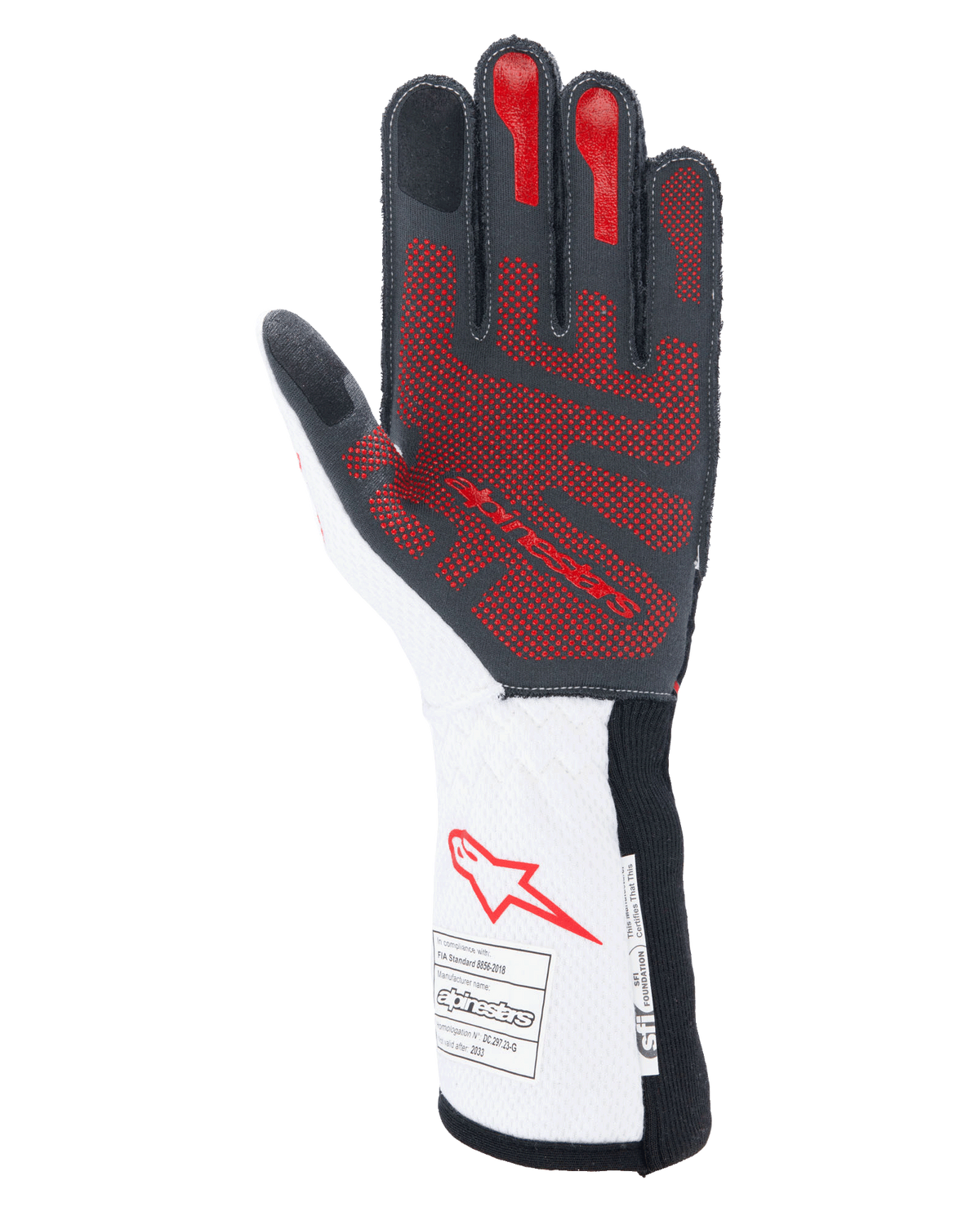 Guantes Alpinestars Tech-1 ZX V4, guantes de automovilismo, negros, blancos y rojos, vista de la palma con un patrón de agarre de silicona 3D roja, puño largo blanco con logotipo de Alpinestars en rojo y etiquetas de certificación FIA y SFI