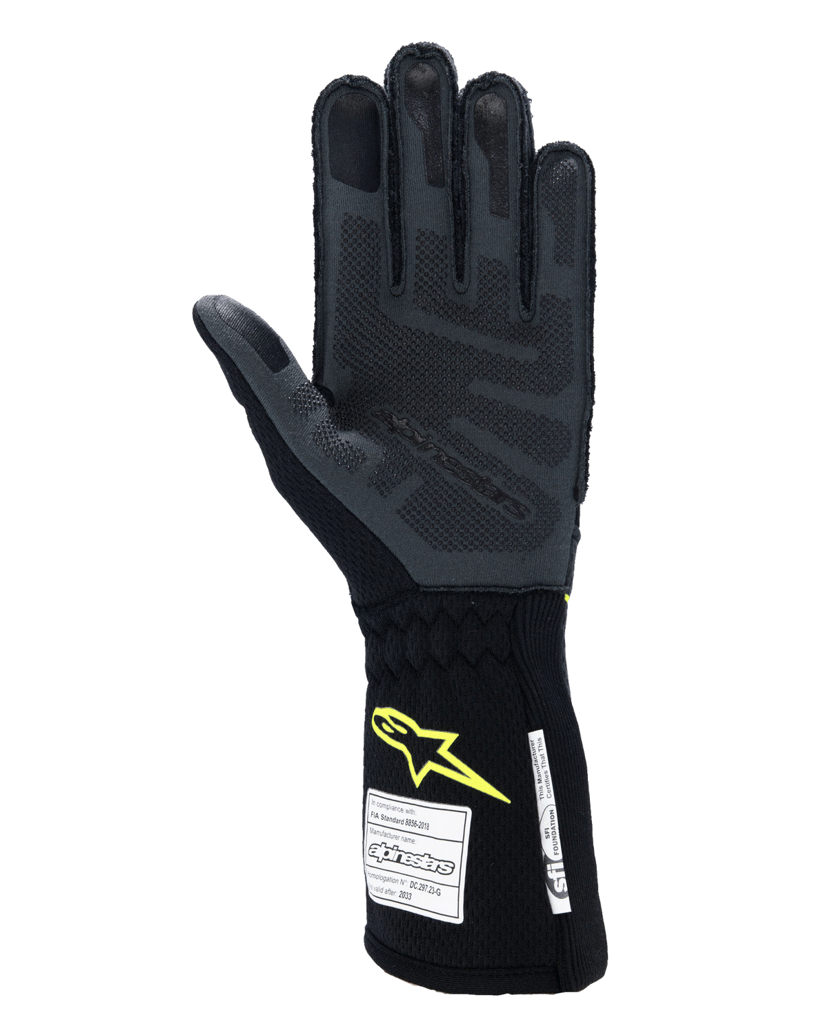 Guantes Alpinestars Tech-1 ZX V4, guantes de automovilismo, gris tar y negro con logo amarillo flúor, vista de la palma que muestra el agarre de silicona 3D texturizado y etiquetas de certificación de seguridad FIA/SFI, equipamiento profesional para automovilismo