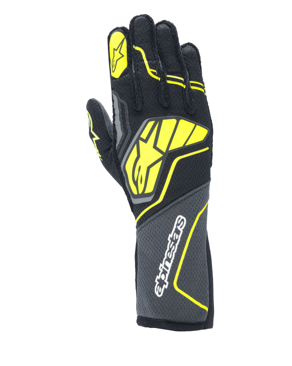 Guantes Alpinestars Tech-1 ZX V4, guantes de automovilismo, gris alquitrán, negro y amarillo fluorescente, con un gran logotipo de estrella amarilla en el dorso y marca blanca en el puño, tejido con textura de panal con detalles neón angulares, equipo profesional de automovilismo