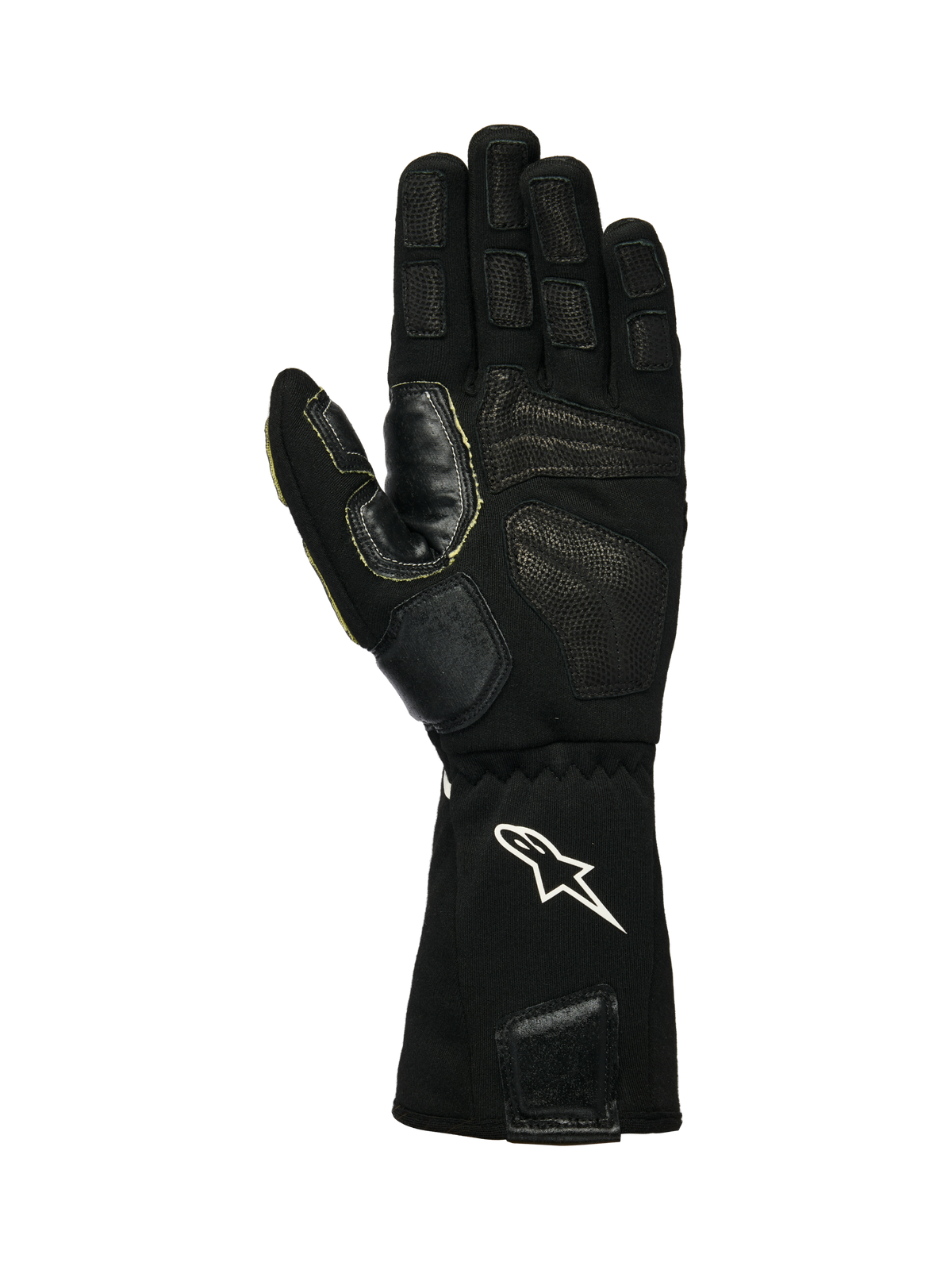 Alpinestars Tech-M V2 Gloves FIA, guantes para equipo de boxes, negro y blanco, vista de la palma con cuero texturizado y parches de agarre de silicona, logotipo de estrella blanca en el puño elástico, diseñado para el uso de pistolas de ruedas en automovilismo