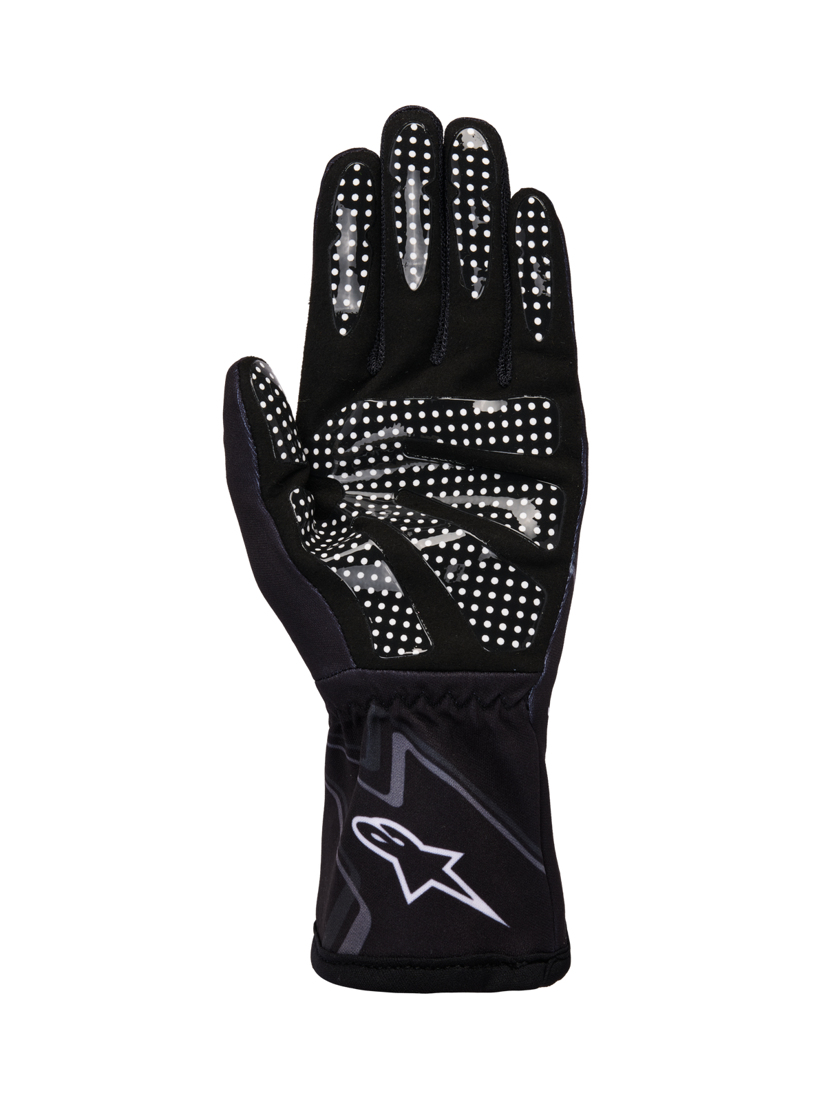 Guantes Alpinestars Tech-1 K Race V2 Graphic 1, guantes de karting, negro, gris y blanco, vista de la palma que muestra el patrón de agarre de silicona blanca y el logotipo de Alpinestars en el puño.