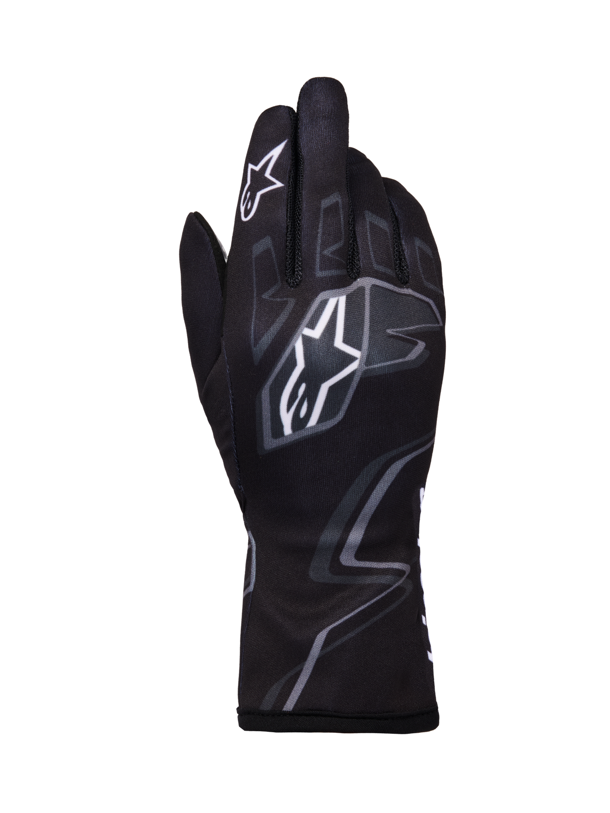 Alpinestars Tech-1 K Race V2 Gloves Graphic 1, guantes de karting, negros con patrones geométricos blancos y grises, con el logo de la estrella de Alpinestars, construcción textil ligera con gráficos impresos