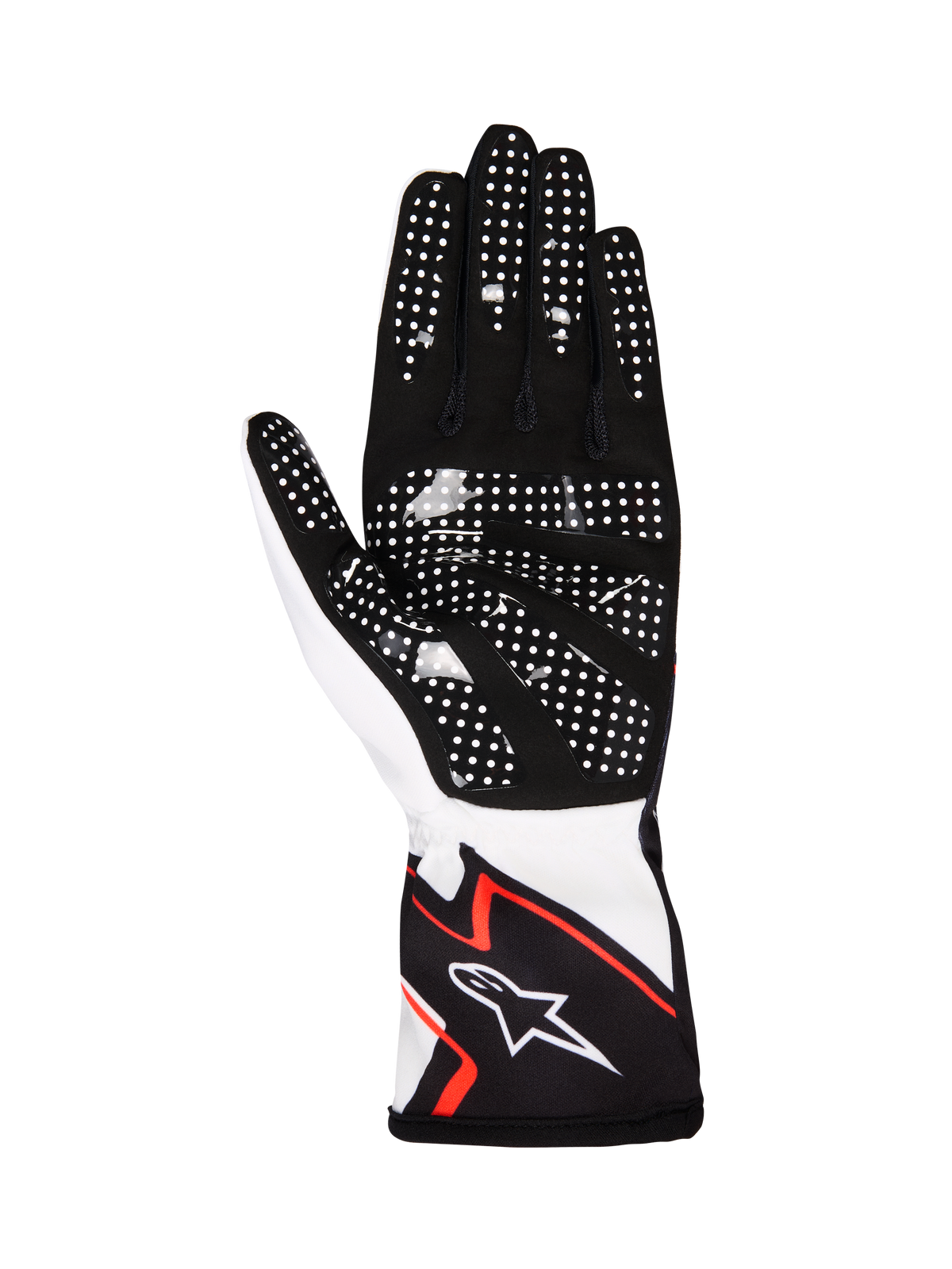 Alpinestars Tech-1 K Race V2 Gloves Graphic 1, guantes de karting, blanco, negro y naranja intenso, vista de la palma con ante sintético negro y puntos de agarre de silicona blancos, diseño ergonómico con el logo de Alpinestars en el puño