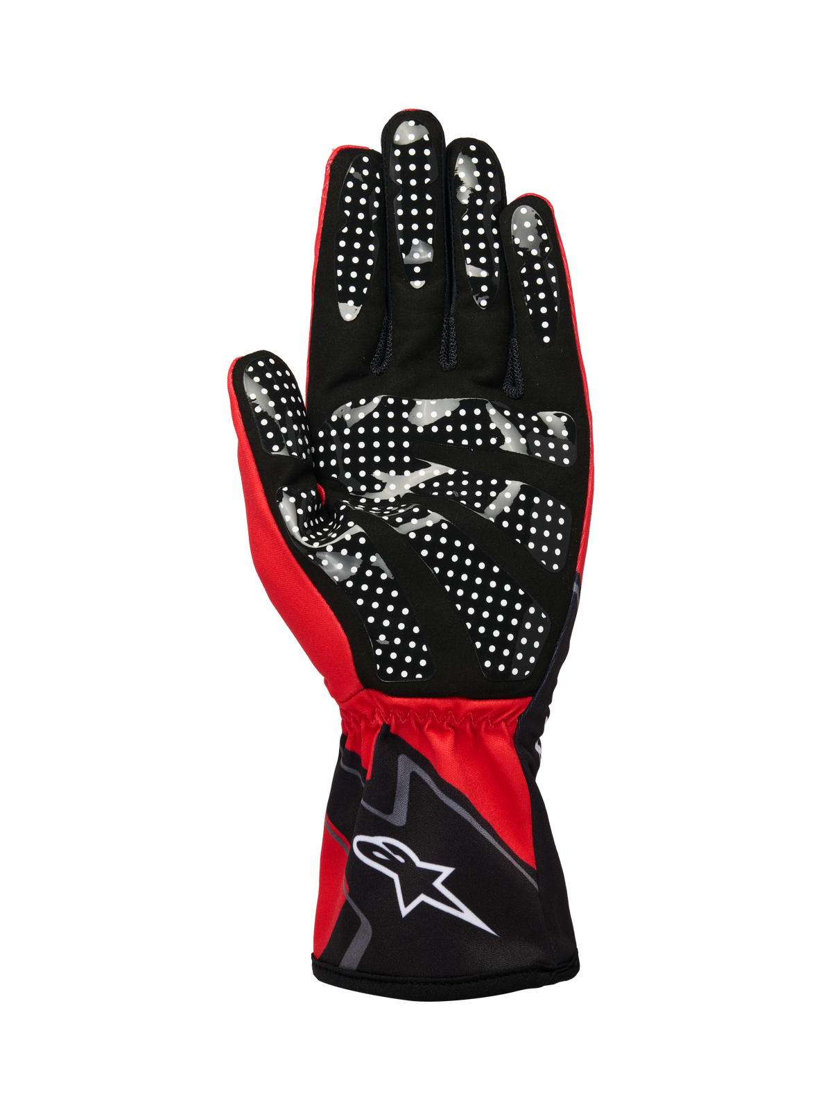 Alpinestars Tech-1 K Race V2 Gloves Graphic 1, guantes de karting, rojo, negro brillante y blanco, vista de la palma con patrón de puntos de silicona blancos para un agarre mejorado, material de ante sintético, puño elástico con logo blanco.