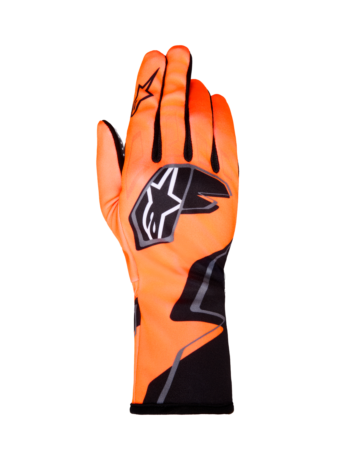 Alpinestars Tech-1 K Race V2 Gloves Graphic 1, guantes de karting para competición, naranja flúor con detalles en negro y blanco, vista posterior del guante izquierdo, logotipo de estrella llamativo, diseño textil ajustado con gráficos angulares