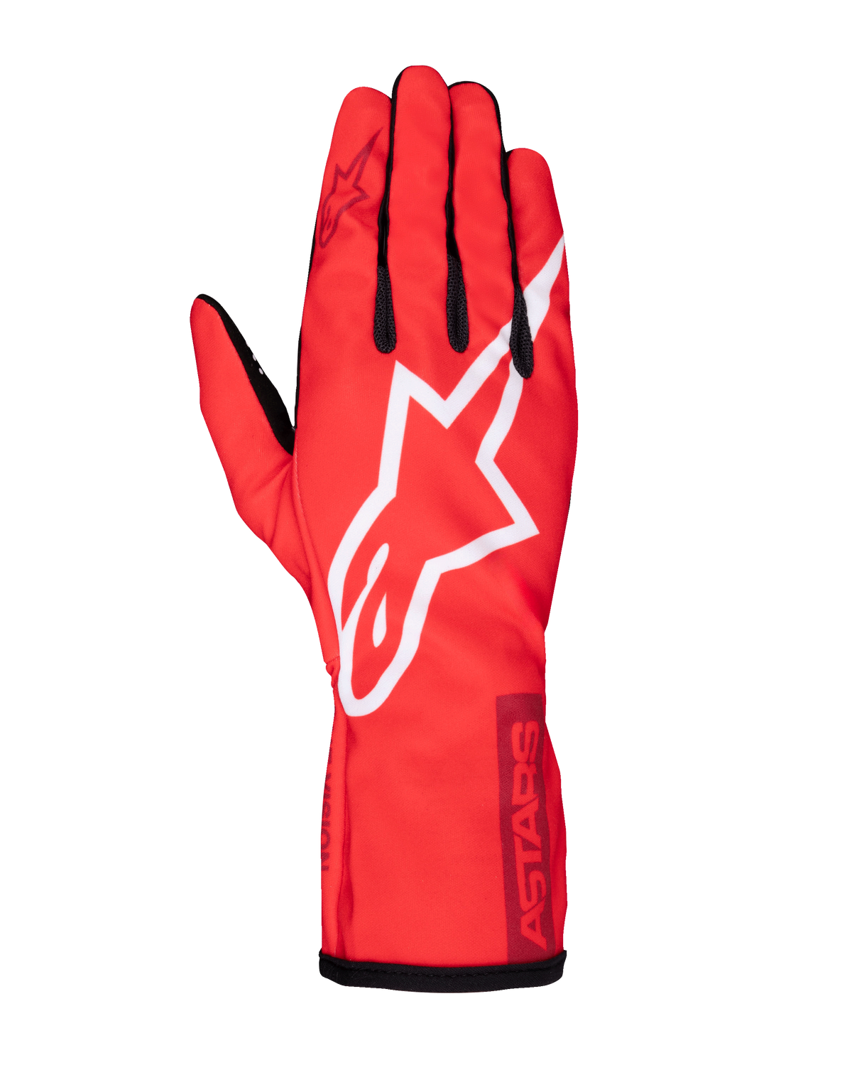Alpinestars Tech-1 K Race V2 Pure Gloves, Karting Racing Gloves, Red with white and burgundy accents, featuring a prominent white star logo, black finger details, and ASTARS branding on the cuff, lightweight performance gear for drivers