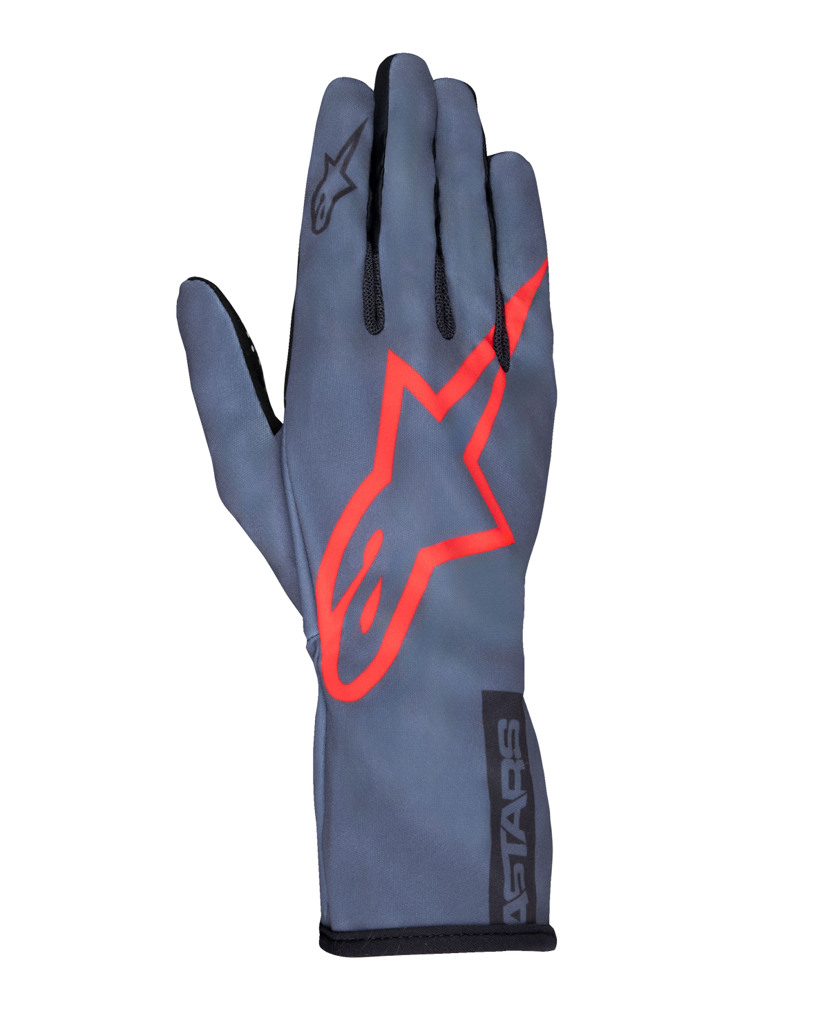 Alpinestars Tech-1 K Race V2 Pure Gloves, Karting Racing Gloves, Asphalt Gray and Red, featuring a large red star logo on the back, lightweight mesh construction, gauntlet cuff, sleek performance design for karting