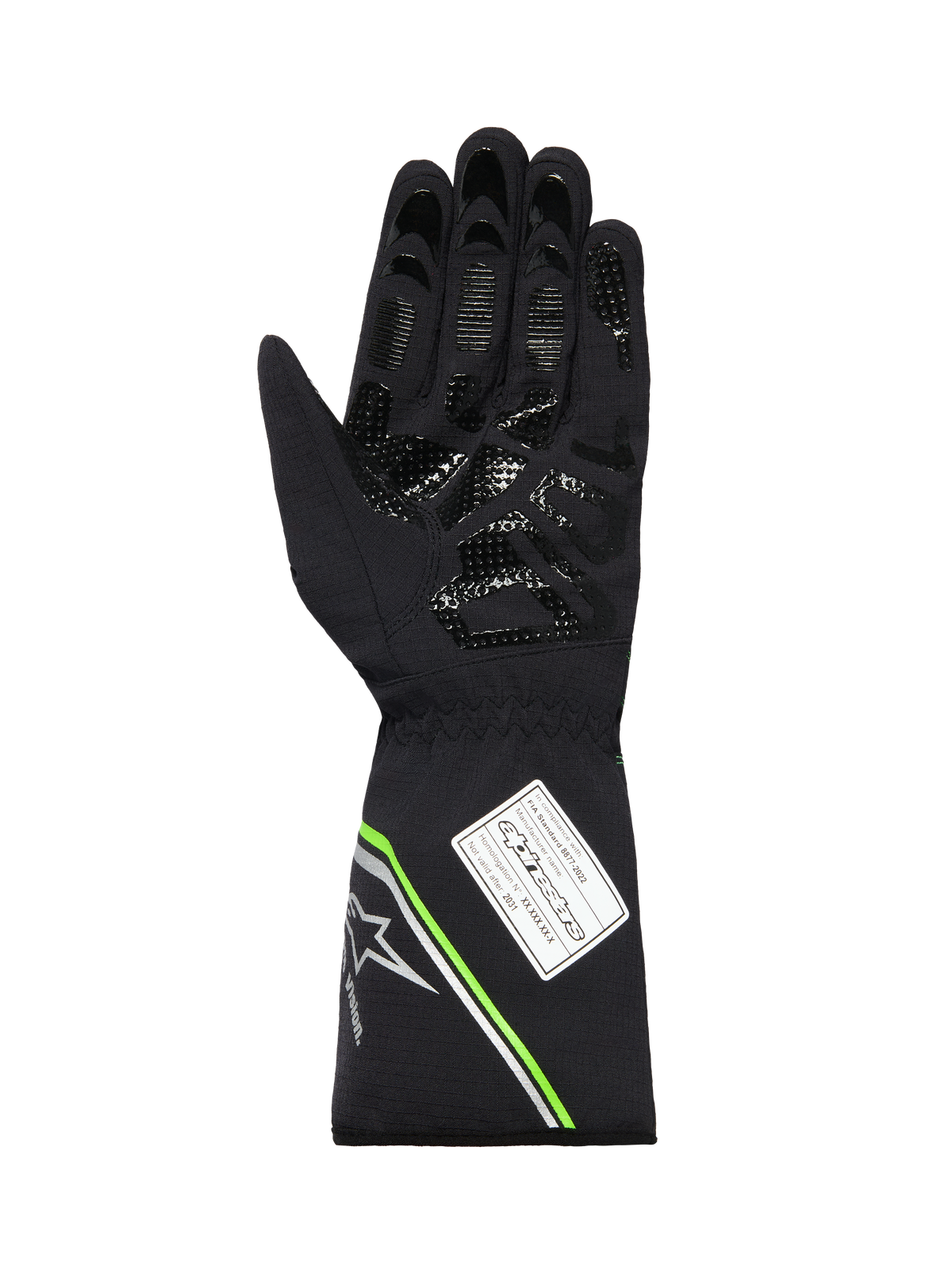 Alpinestars Tempest V3 Waterproof Gloves, palm side view of a black karting glove, featuring a silicone printed grip pattern, fluo green and silver accents on the gauntlet cuff, and an FIA 8877-2022 homologation label.