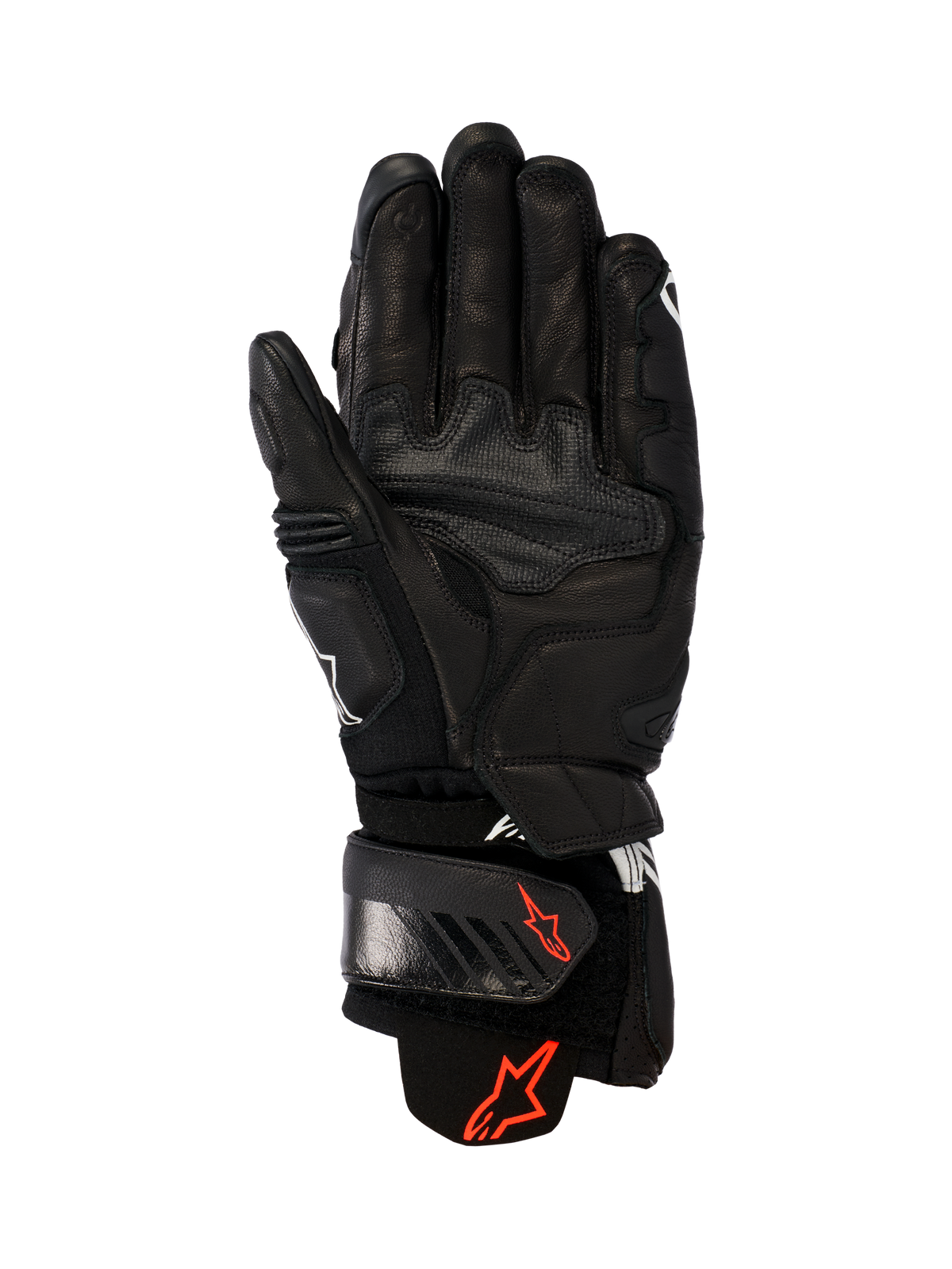Guantes de cuero Alpinestars GP Plus R V3, negros, vista de la palma con construcción de cuero resistente, logotipos Astars rojos en la correa de la muñeca y el puño, paneles de agarre reforzados y cierre ajustable para alto rendimiento en pista y conducción deportiva.