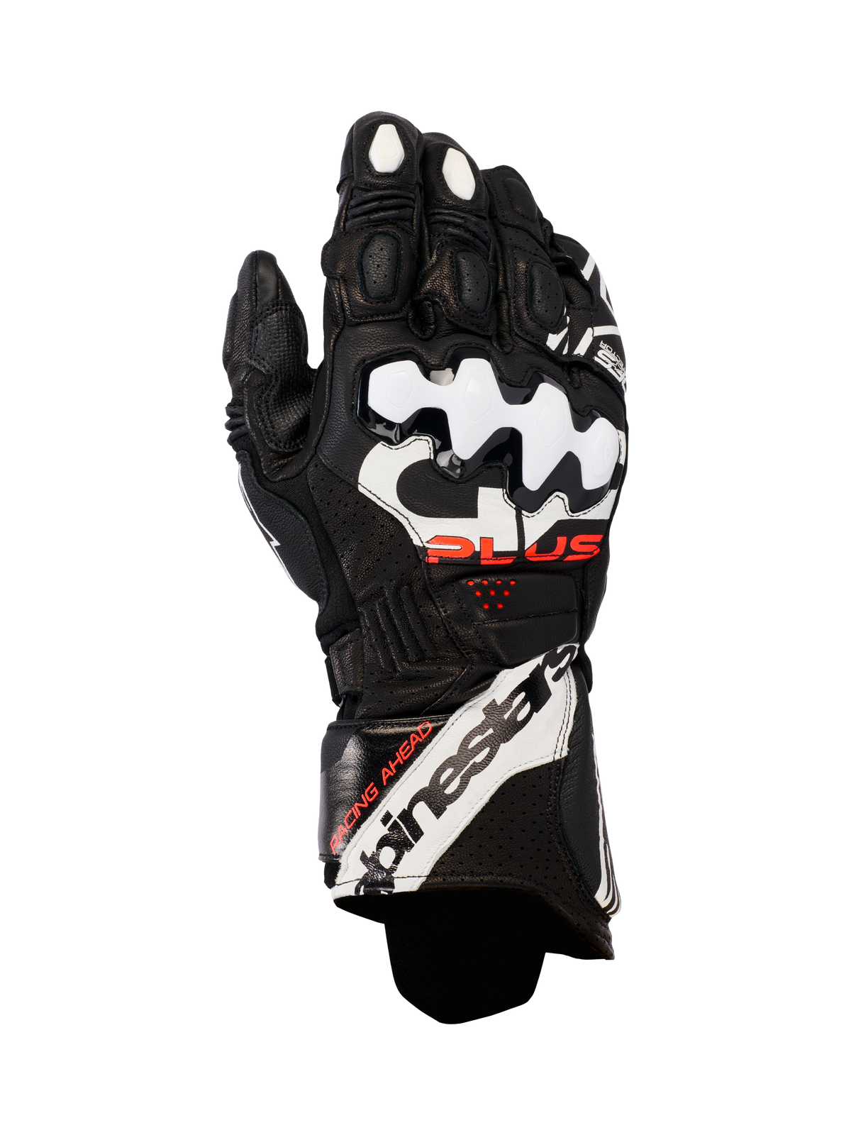 Guantes de cuero Alpinestars GP Plus R V3, guantes de moto para carreras, negros con detalles blancos y rojos, con protectores de nudillos DFS blancos, cuero perforado para transpirabilidad y el logotipo de Alpinestars en el puño
